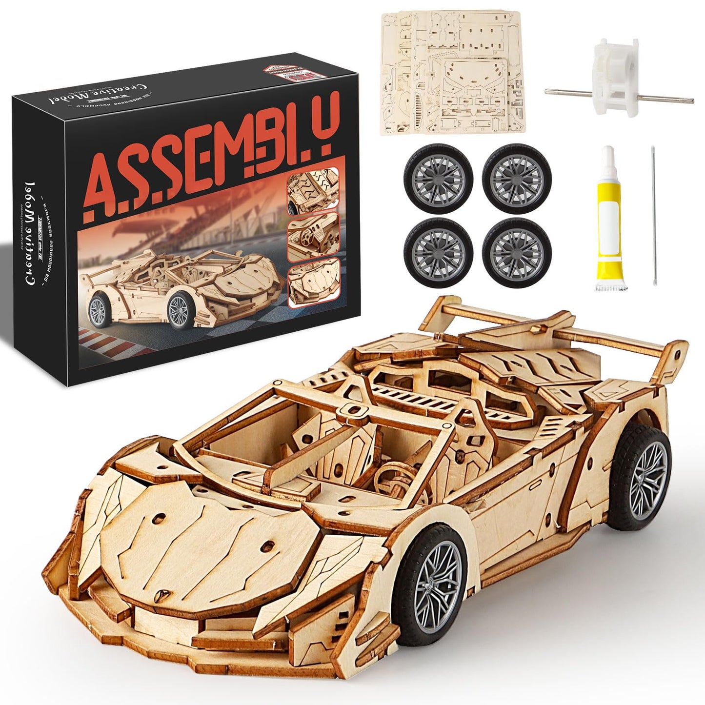 MOCBURIKU 3D Wooden Puzzles for Adults Roadster, Mechanical Wood Sport Car Model Kits for Adult to Build, DIY Assembly Building Toys with Pull Back Function, 119pcs Wood Craft Hobby Gift for Men Teens