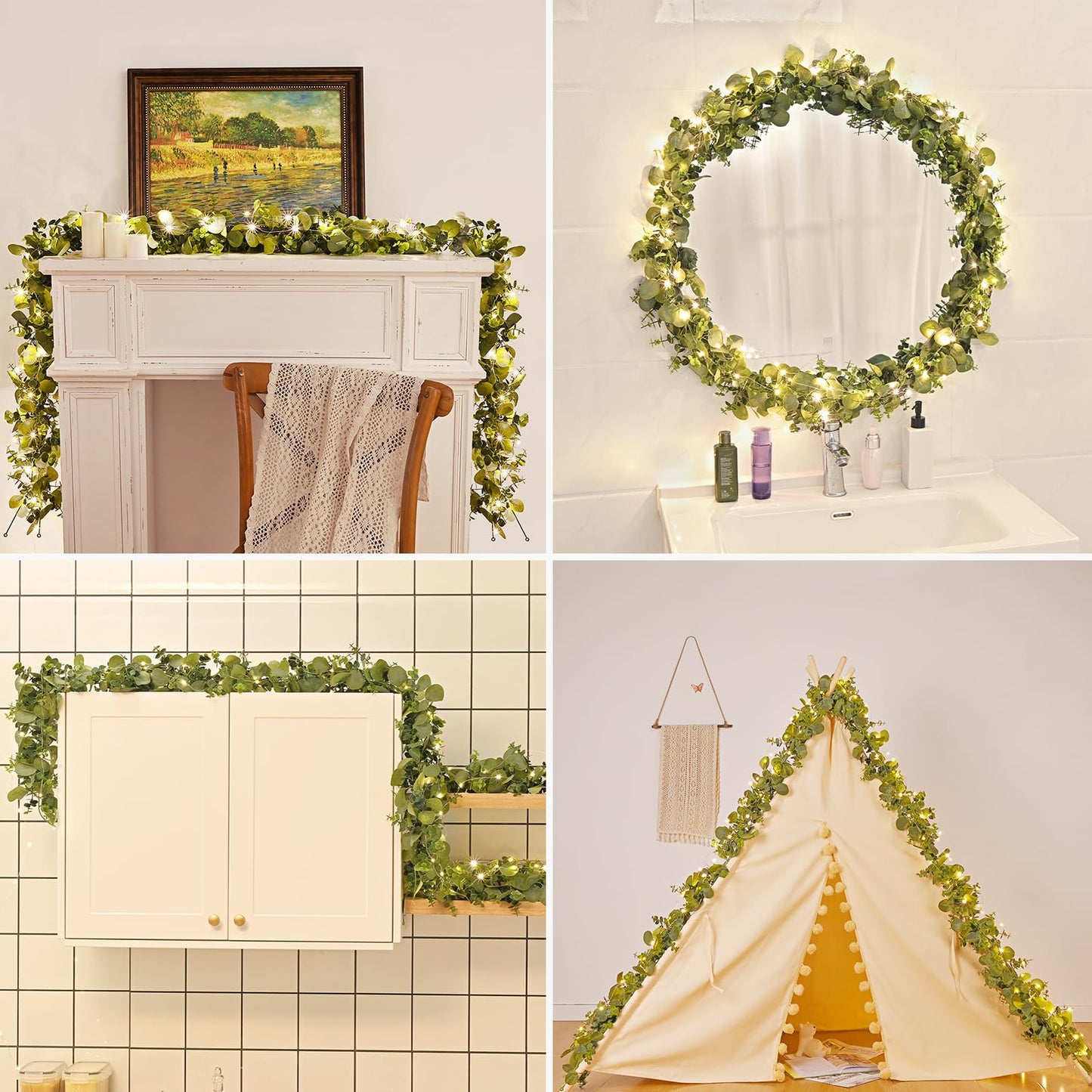 Dolicer 2 Packs 6FT Artificial Eucalyptus Garland with LED Light String, Faux Greenery Garland Hanging Fake Silver Dollar Eucalyptus Leaves Vines for Wedding Backdrop Arch Table Wall Party Home Decor