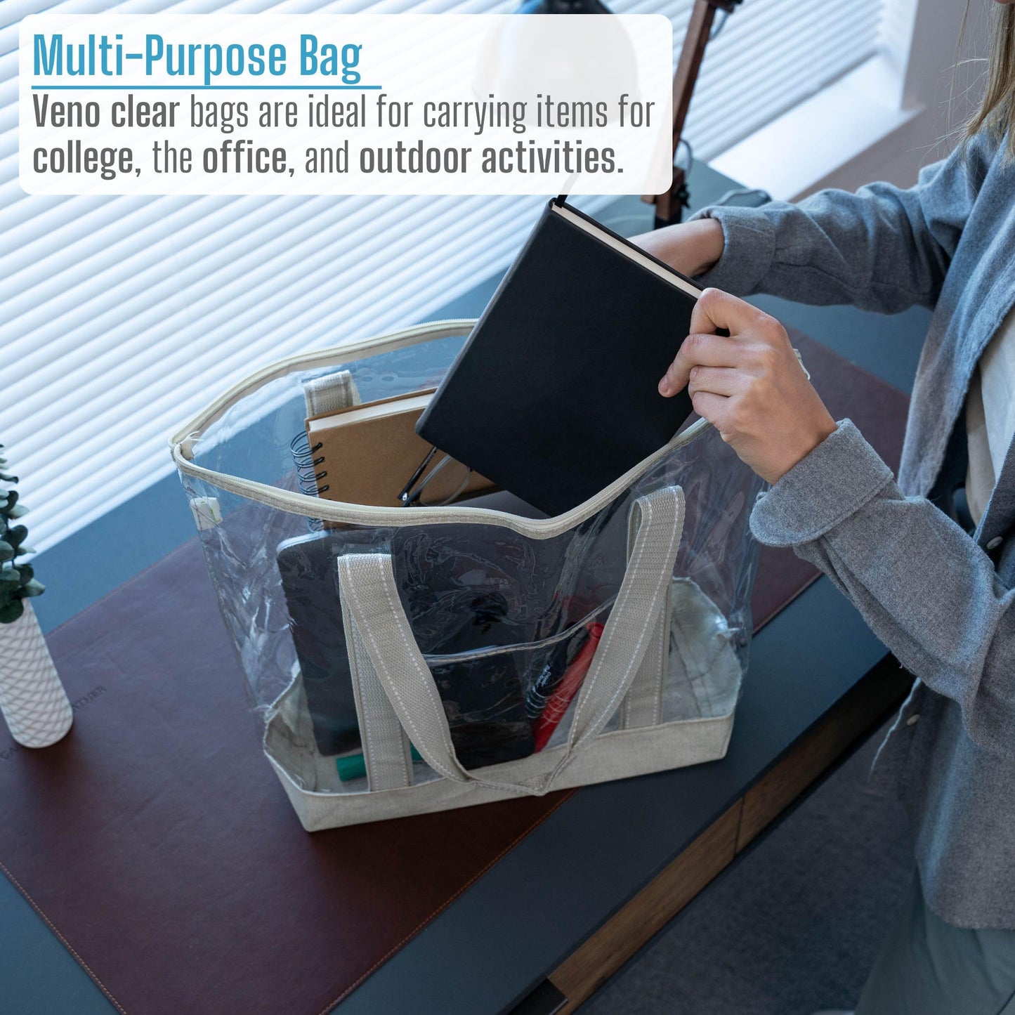 VENO 2 Packs Clear Bag Transparent Vinyl PVC Tote, Outdoor, Beach, Pool (Set of 2, Beige)