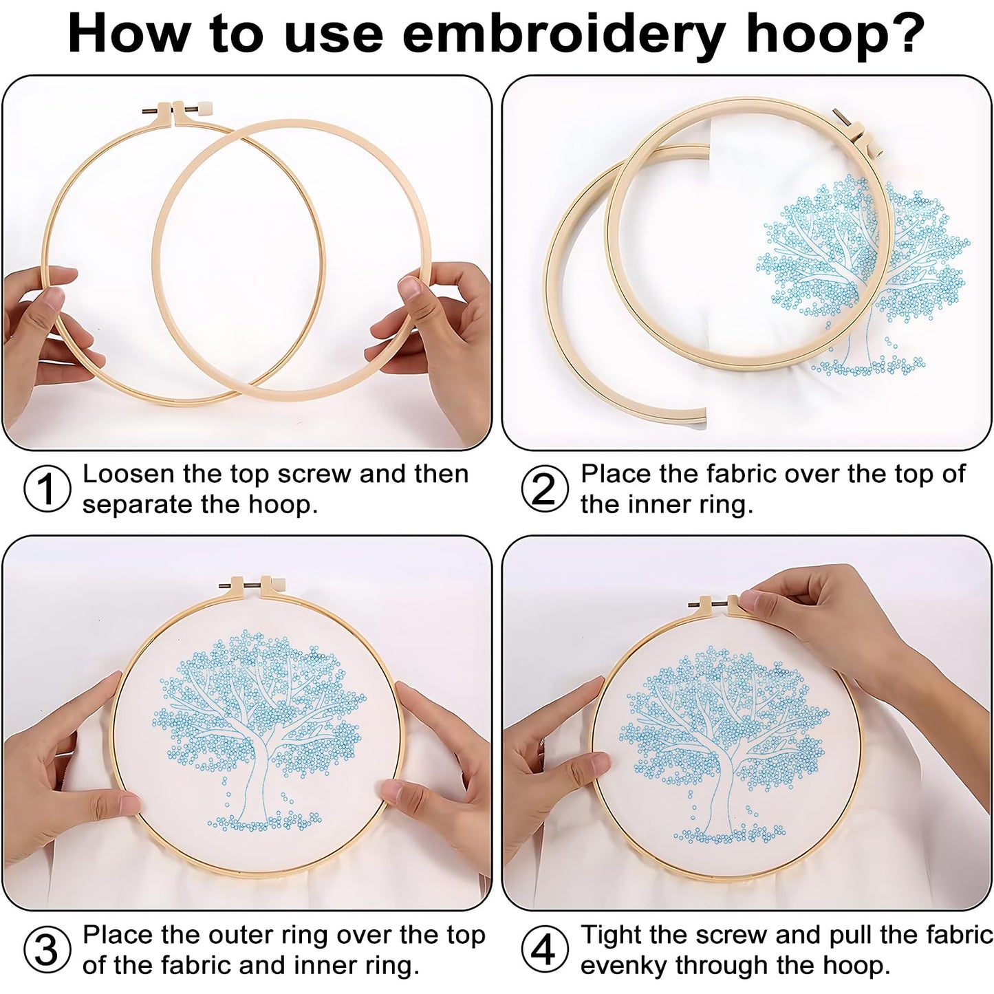 Embroidery Starter Kit for Beginners, 4 Sets Stamped Cross Stitch Kits for Adult, Seasonal Tree Pattern Hand DIY Kits with 2 Embroidery Hoop Instructions Color Threads Needles and Scissor