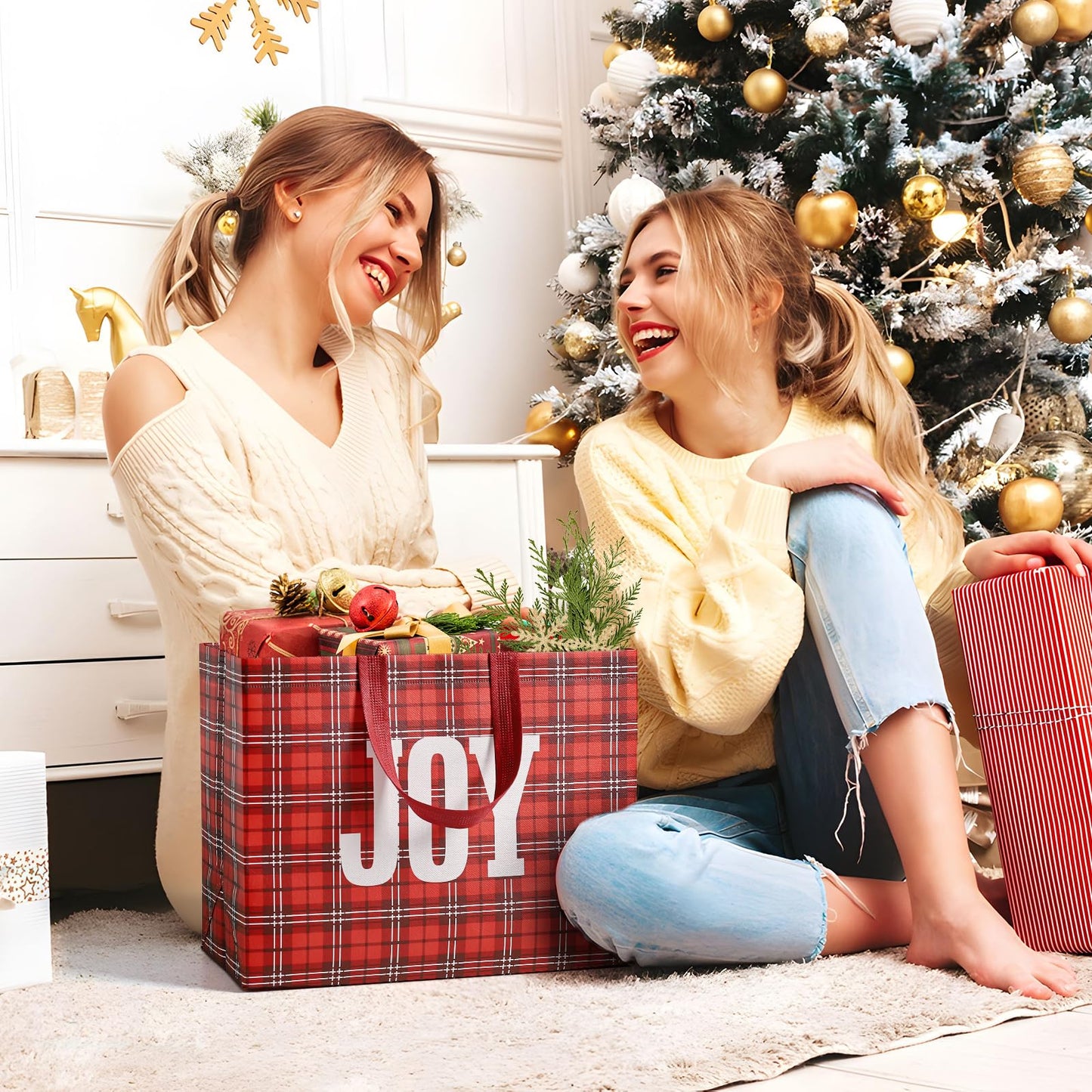 2 Pack 13" Large Christmas Gift Bags with Tissue Paper, Reusable Christmas Tote Bags with Handles, Non-Woven Holiday Gift Bags for Xmas Gift Wrap/Party Favor Supplies, 12.8"*10.2"*6.3"