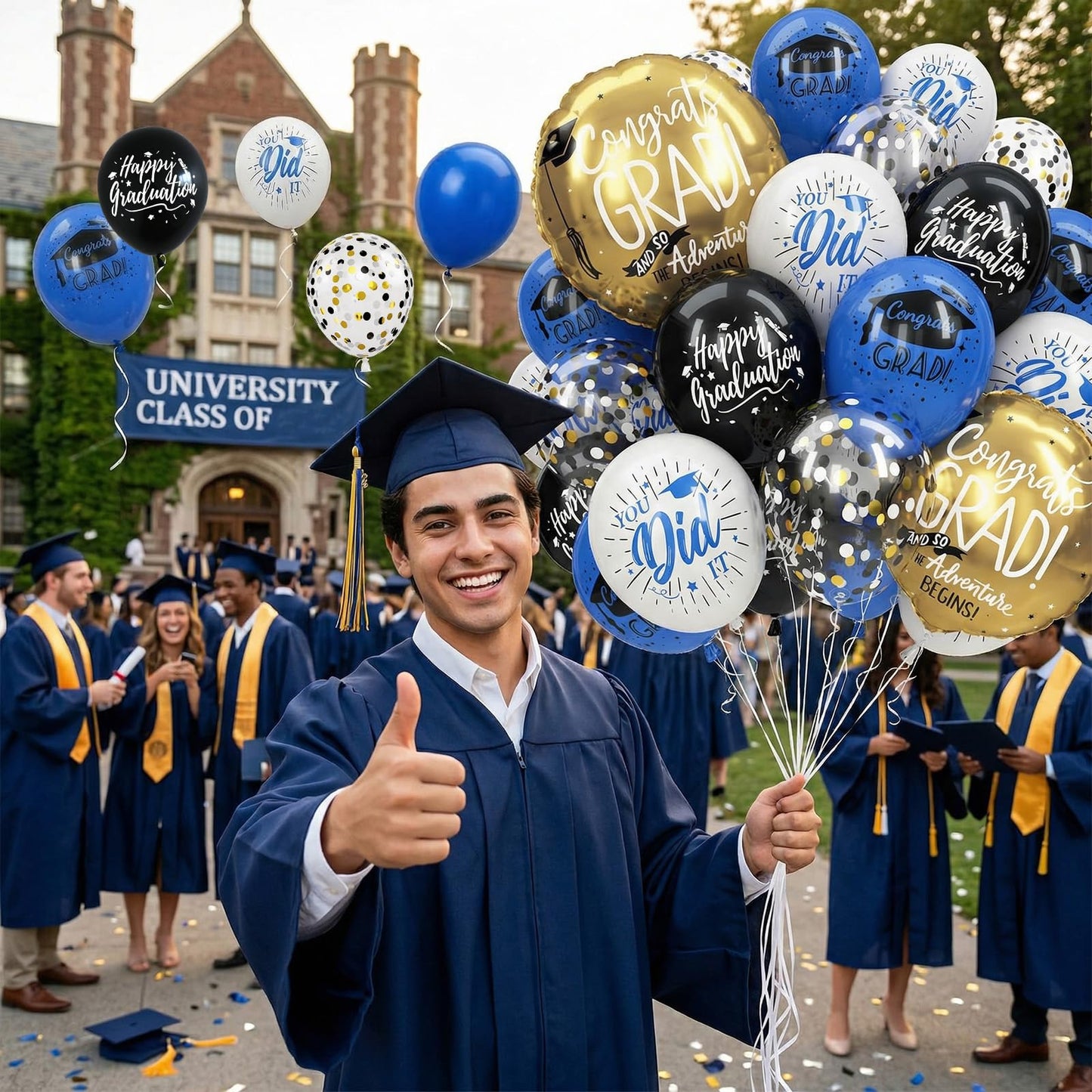HILAVO Blue and Black Graduation Balloons 2026 Graduation Decoration 18 In Grad Foil Balloon Royal Navy Blue Black White Print Balloon for Class of 2026 Congrats Grad Party Decor College High School