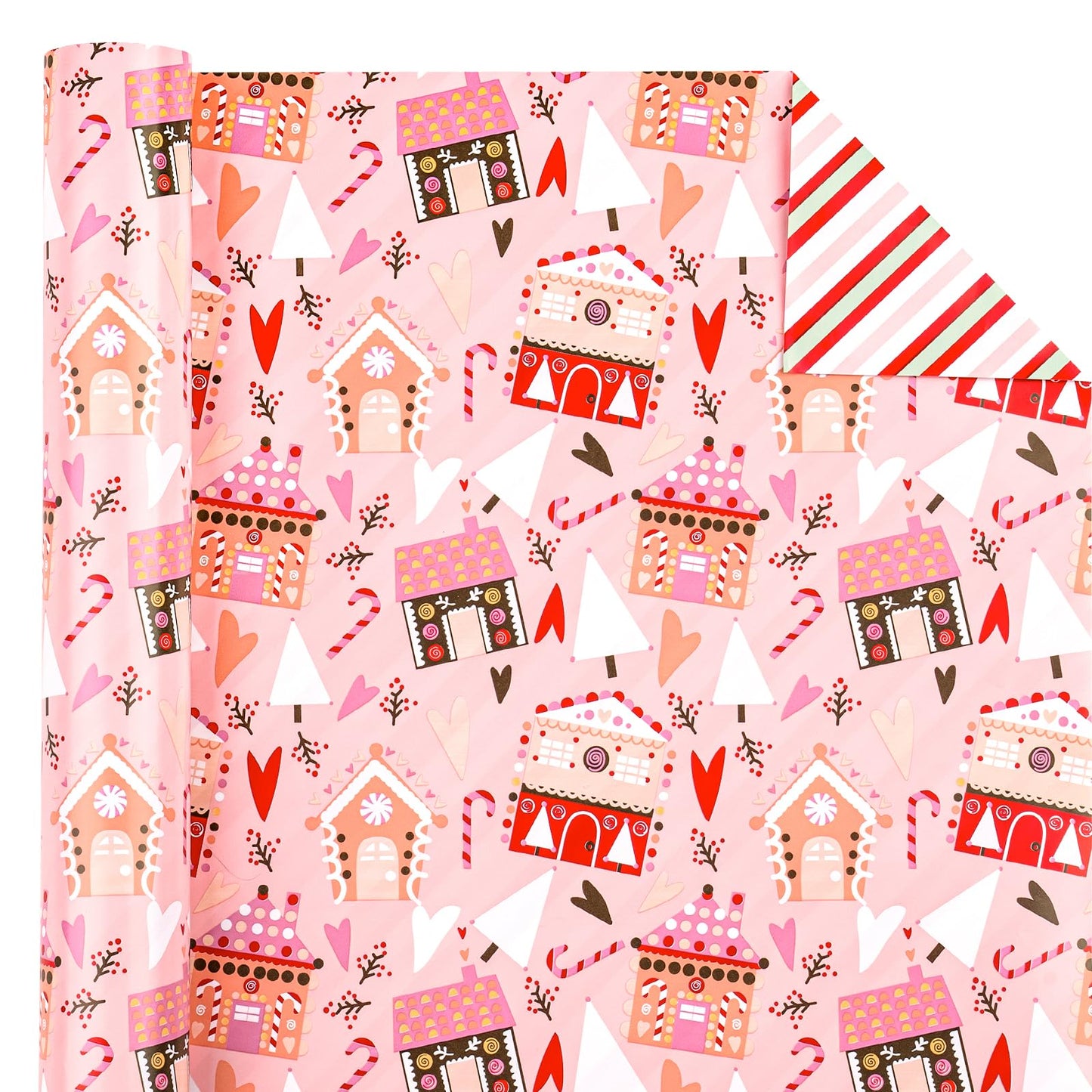 Reversible Christmas Wrapping Paper - Mini Roll - 17 Inch x 33 Feet - House with Christmas Tree and Candy Cane Wrapping Paper for Holiday, Party Celebration