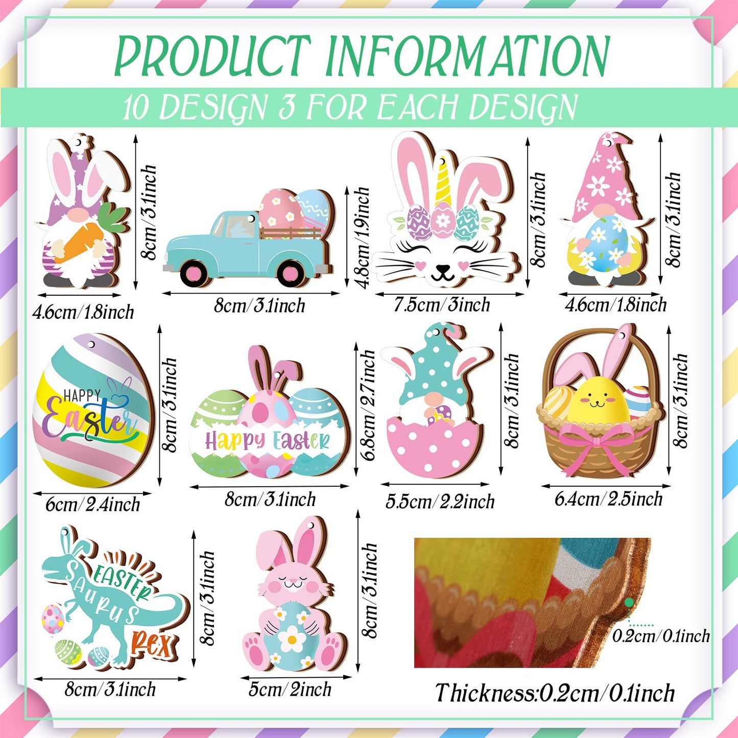 Chunful 30 Pcs Happy Easter Wooden Ornaments with Ropes Spring Egg Gnome Bunny Carrot Basket Holiday Easter Decorations Wood Bunny Ornament Embellishments Decorative Hanging Ornaments for Party