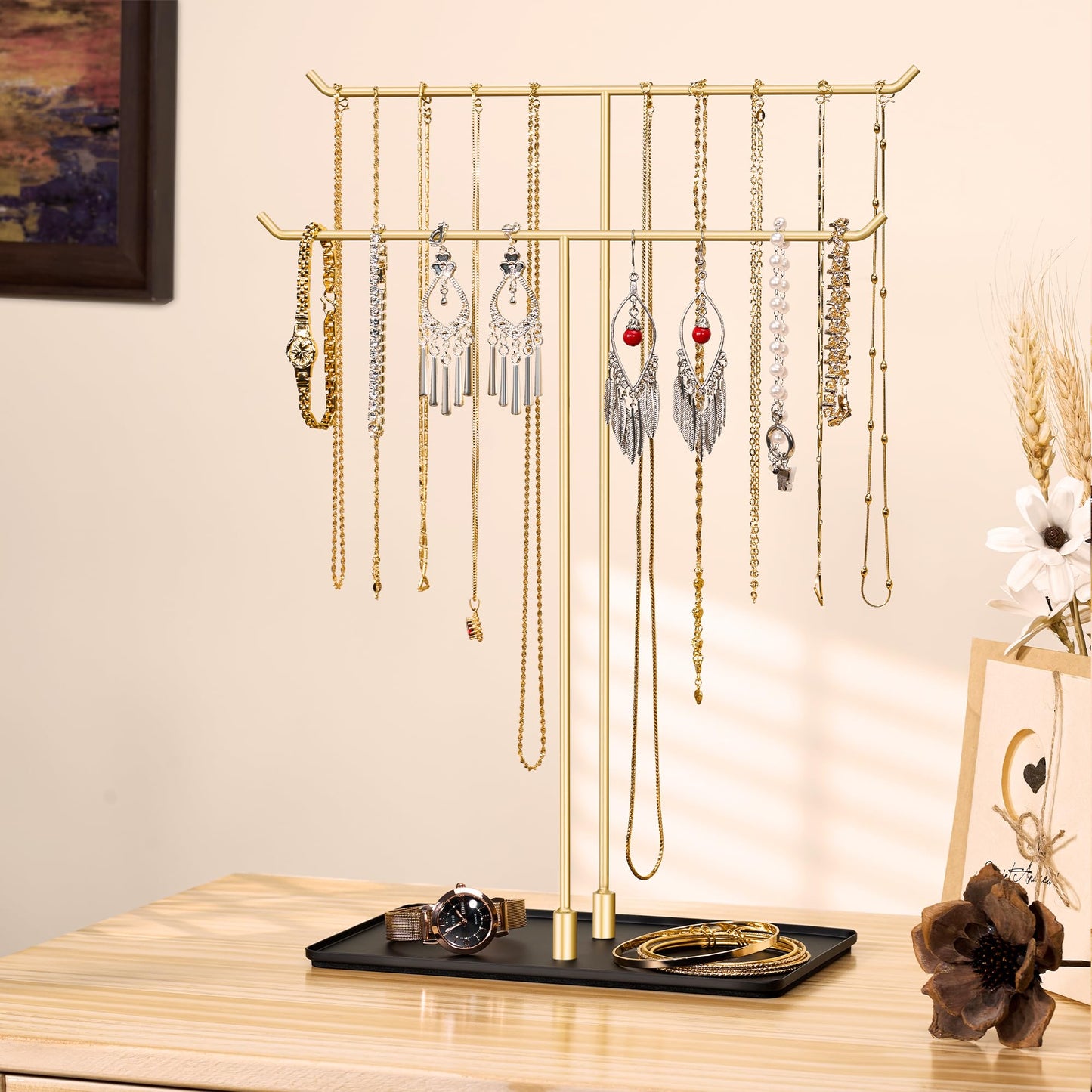 bussdis Necklace Holder Jewelry Stand Organizer for Necklaces and Bracelets, Metal Display Stand, Gift for Women, Ideal for Home, Bedroom, or Vanity, Gold and Black