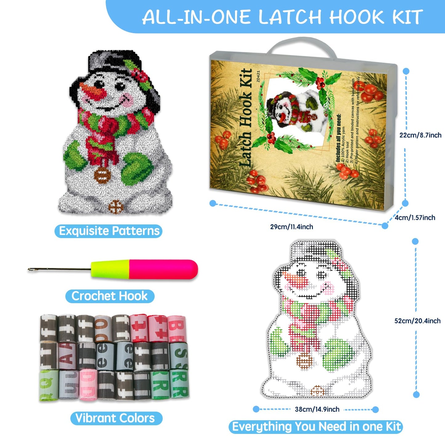 Christmas Latch Hook Kits, Snowman Latch Hook Kits Rug with Pattern Printed Crochet Needlework Crafts for Kids/Adults, 20.4X15inch/52X38Cm
