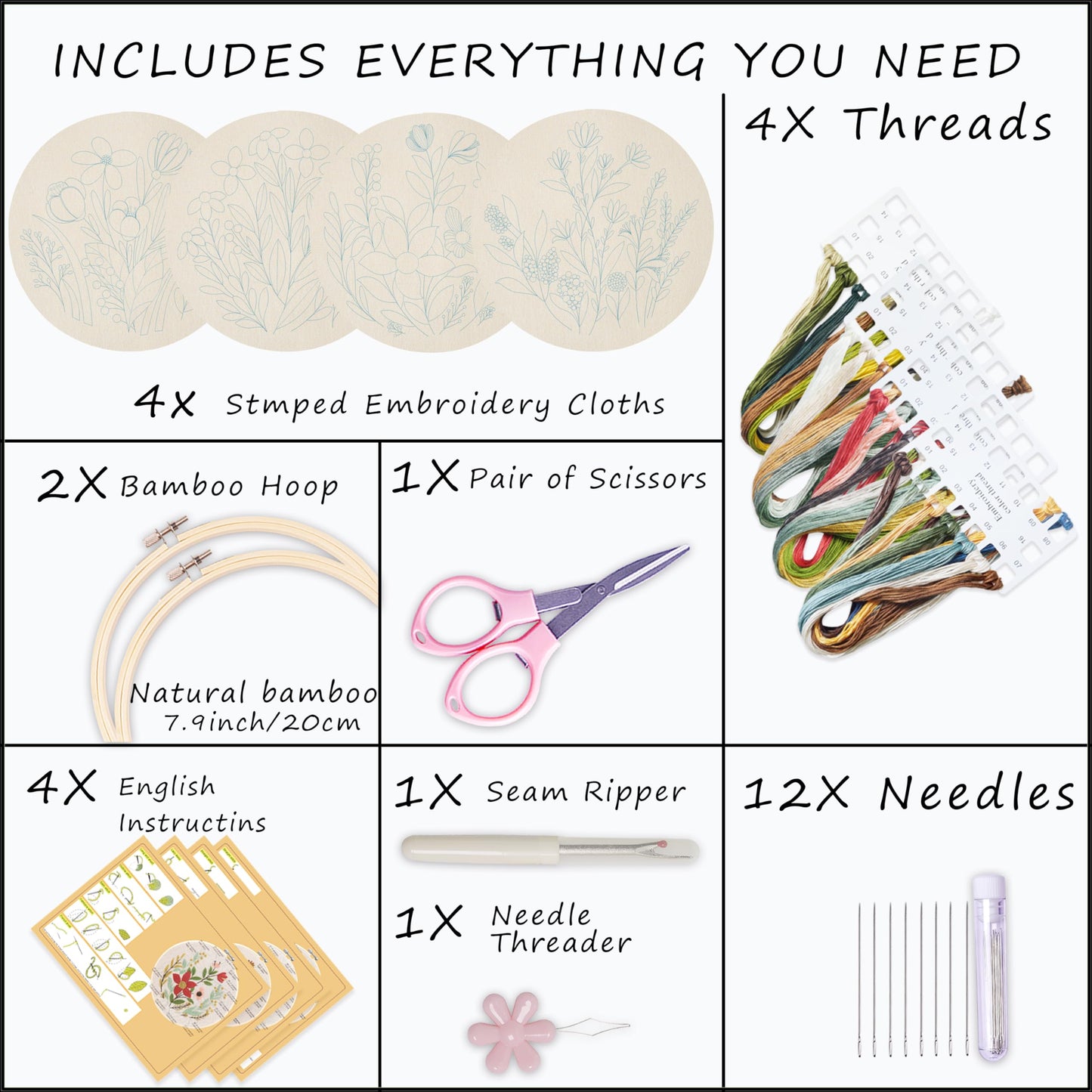 4 Sets Embroidery Set for Beginners, Art Craft, Easy Sewing, Includes Embroidery Clothing, Pattern, Embroidery Hoop, Instruction Manual, Colorful Thread Stitch Set (11)