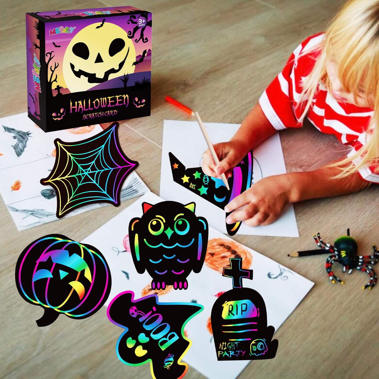MGparty Scratch Paper Craft for Kids - 48 Pcs Magic Rainbow Scratch Paper Off Cards Set for Halloween Crafts, Arts Supplies, Ornaments, Party Games and Birthday Gifts