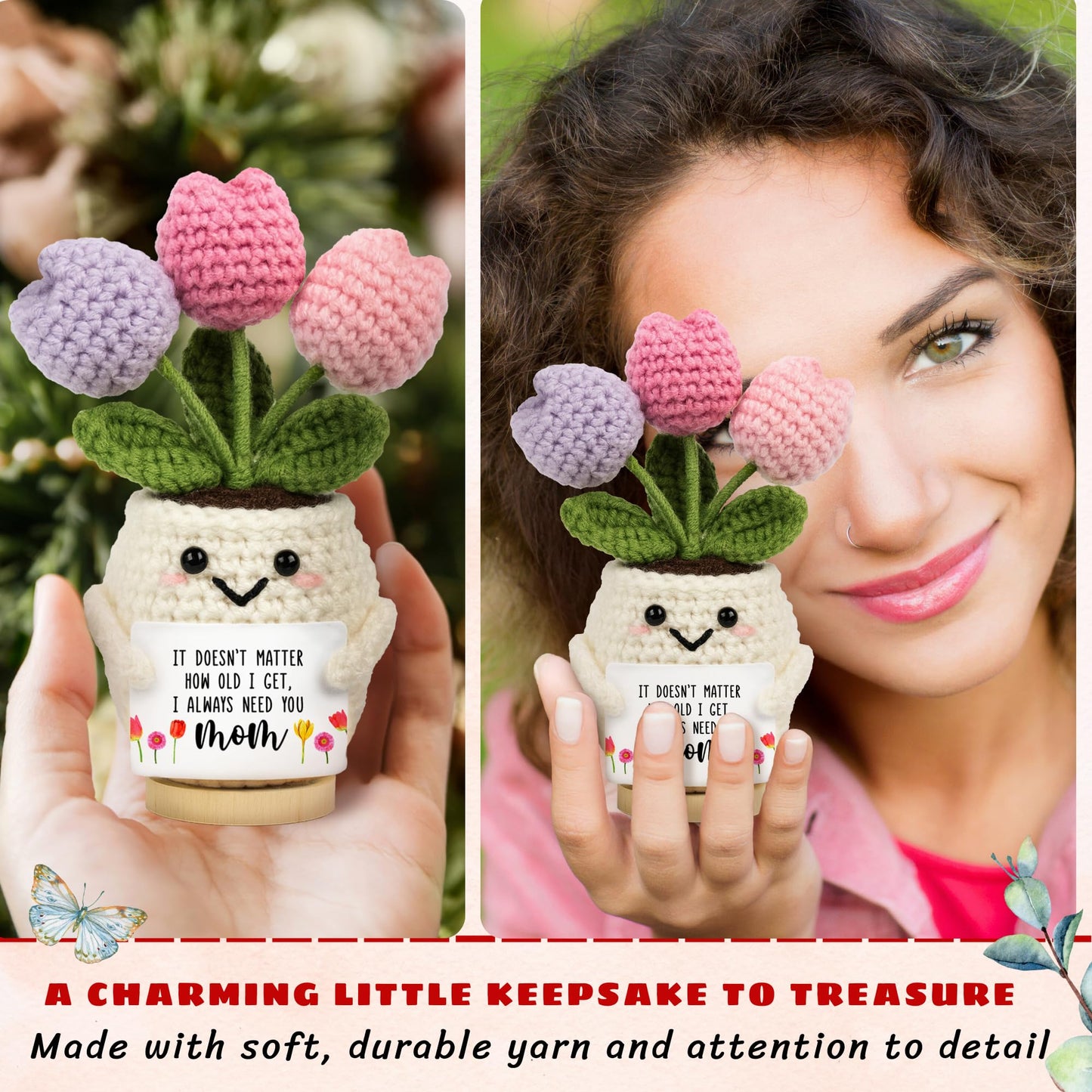 Lucagift Gifts for Mom from Daughter Son - Cute Mothers Day, Birthday Gifts for Moms, Mother, Mama - 5.51'' x 4.13'' Mother's Day Knitted Positive Tulip Flowers Mom Crochet Doll
