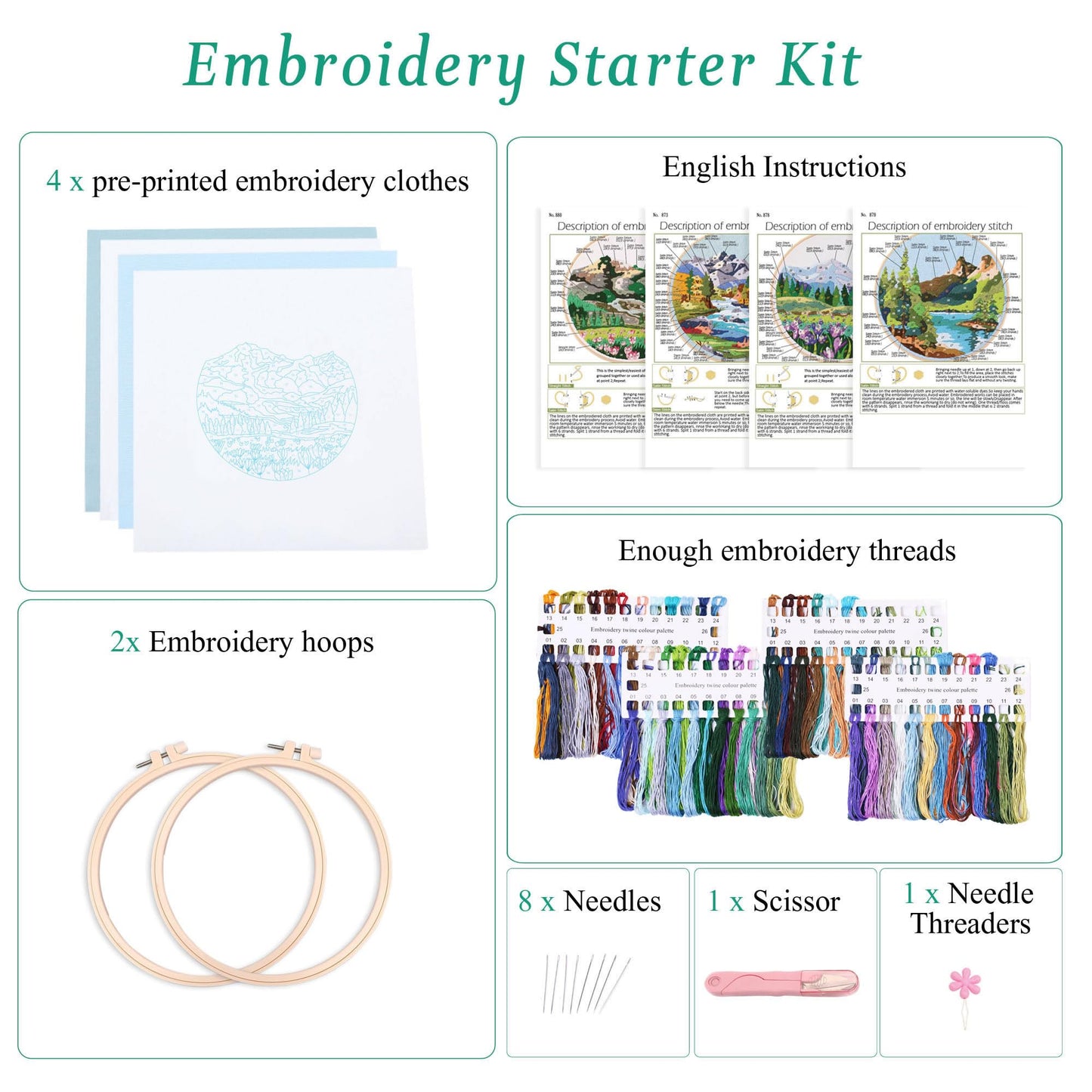 4P Beginner Embroidery Kit,Floral Plant Pattern,Cross Stitch Kits, Including Stamped Embroidery Cloth with 2 Embroidery Hoops, Color Threads and Embroidery Kits