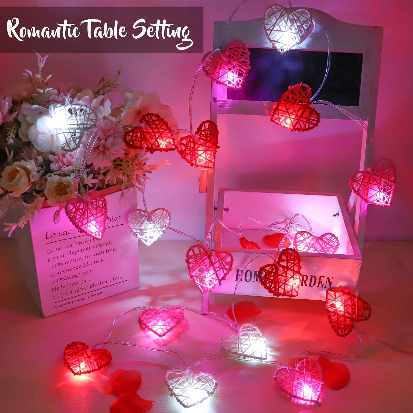 Valentines Day Decorations Red Pink White Heart Lights 10FT 20LED 3D Hollowed Rattan Big Heart String Light Battery Operated, Valentines Day Lights Romantic Valentines Decoration Bedroom Party
