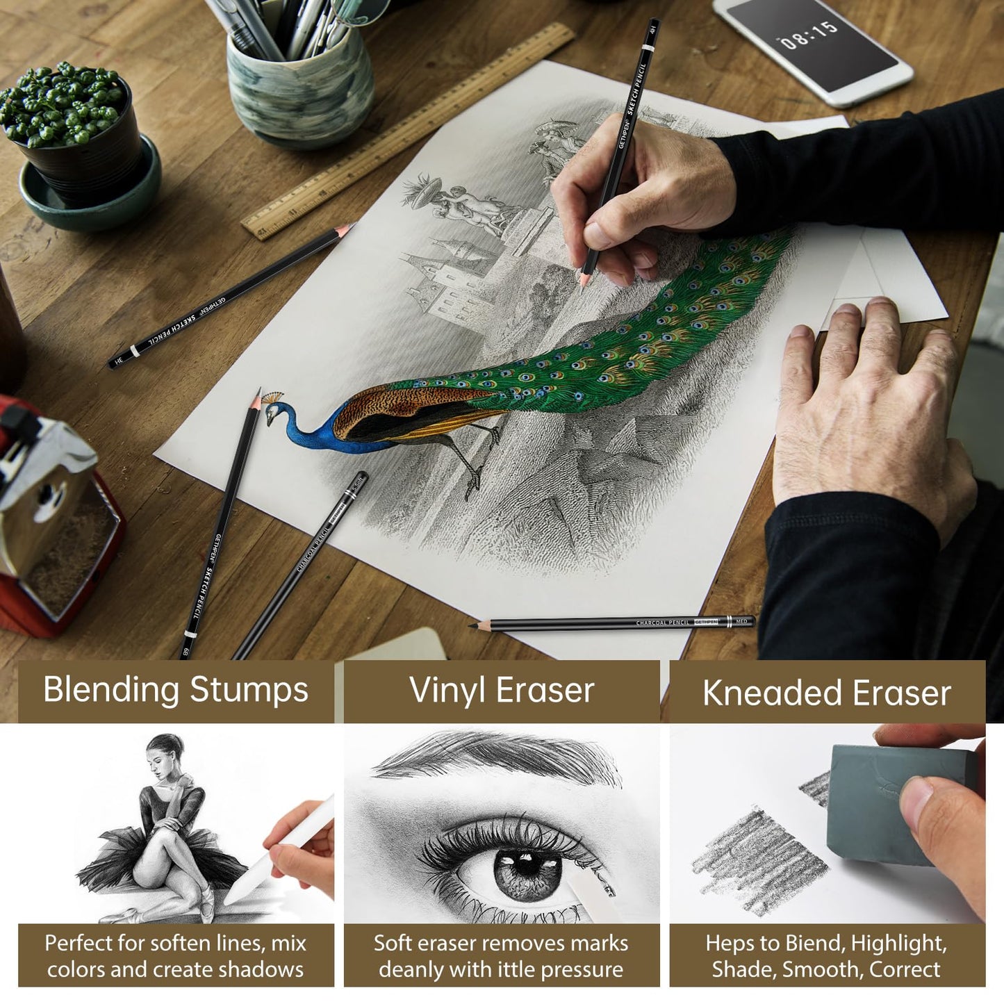 Drawing Sketching Pencil Set, 24 Piece Pro Artist Sketch Kit - Graphite Pencils (12B-4H),Charcoal Pencils for Drawing,Black and White Charcoal Pencils,Charcoal Sticks,Stumps,Eraser,Sharpeners