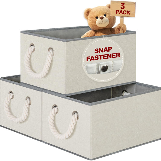 Large Fabric Storage Bins for Shelves with Handles 3 Pack | Storage Baskets for Organizing and Cloth Bins | Folding Rectangle Closet storage bins for Cloth and Magazine,Beige,15"W x 10.5"D x 8.5"H