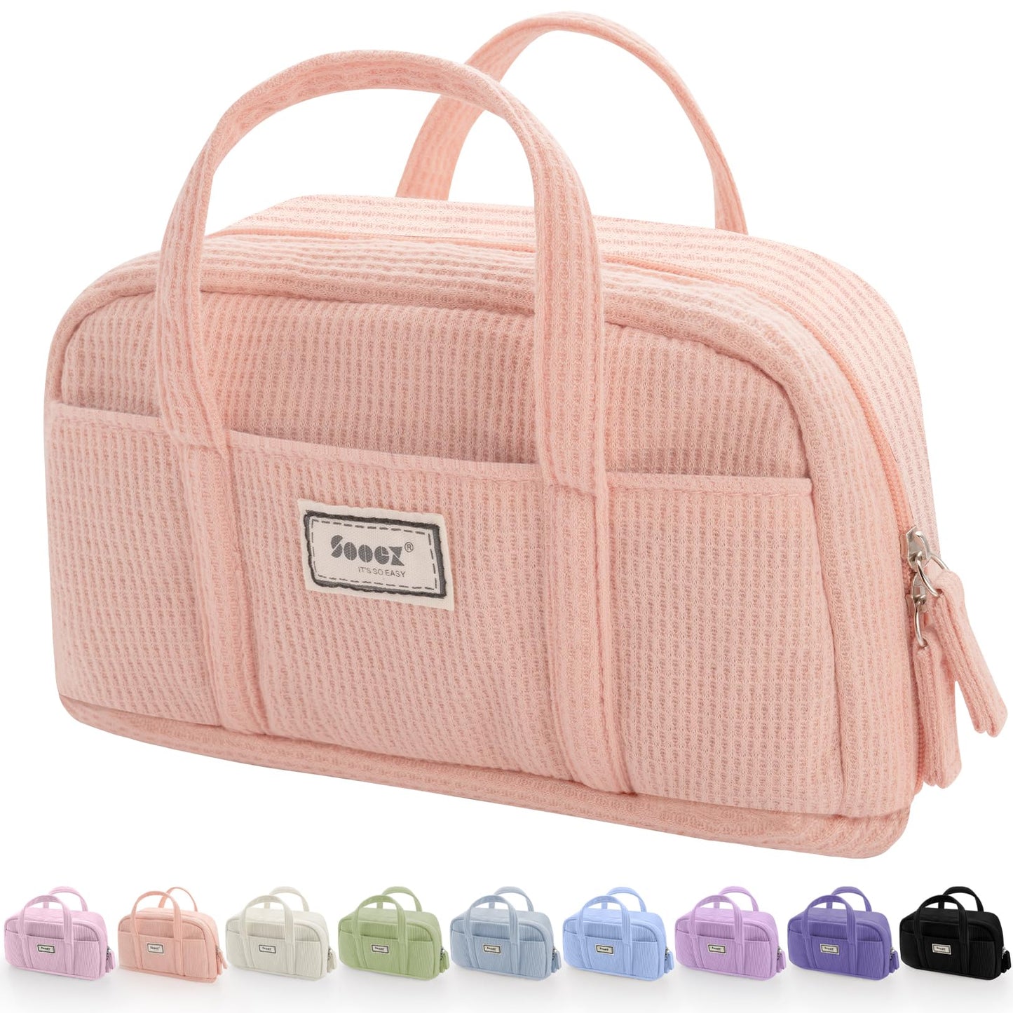 Sooez Large Pencil Case Pouch, Extra Big Pencil Bag with 5 Compartments, Pen Bag Wide Opening, Soft Waffle Pencil Pouch Organizer with Zipper, Cute Aesthetic School Supplies for Girls-Pinkish Orange