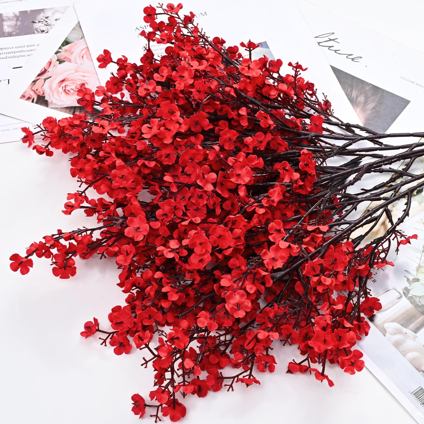 Yastouay Red Fake Flowers Artificial Flowers, 5Pcs Real Touch Silk Flowers Faux Flowers for Decorations, Babys Breath Artificial Flowers Bulk for Spring Decor Floral Arrangement