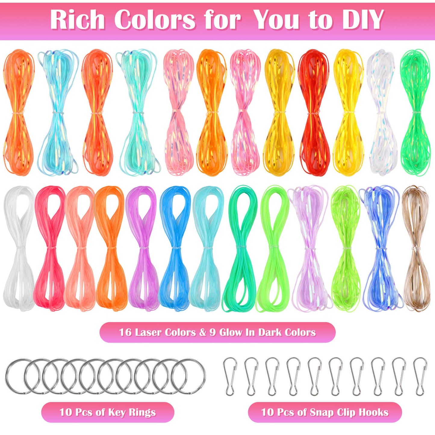 Lanyard String Kit, Cridoz 25 Bundles Gimp String Plastic Lacing Cord with 20pcs Snap Clip Hooks and Keyrings for Boondoggle Crafts, Bracelets and Lanyard Weaving (Laser & Glow in Dark)