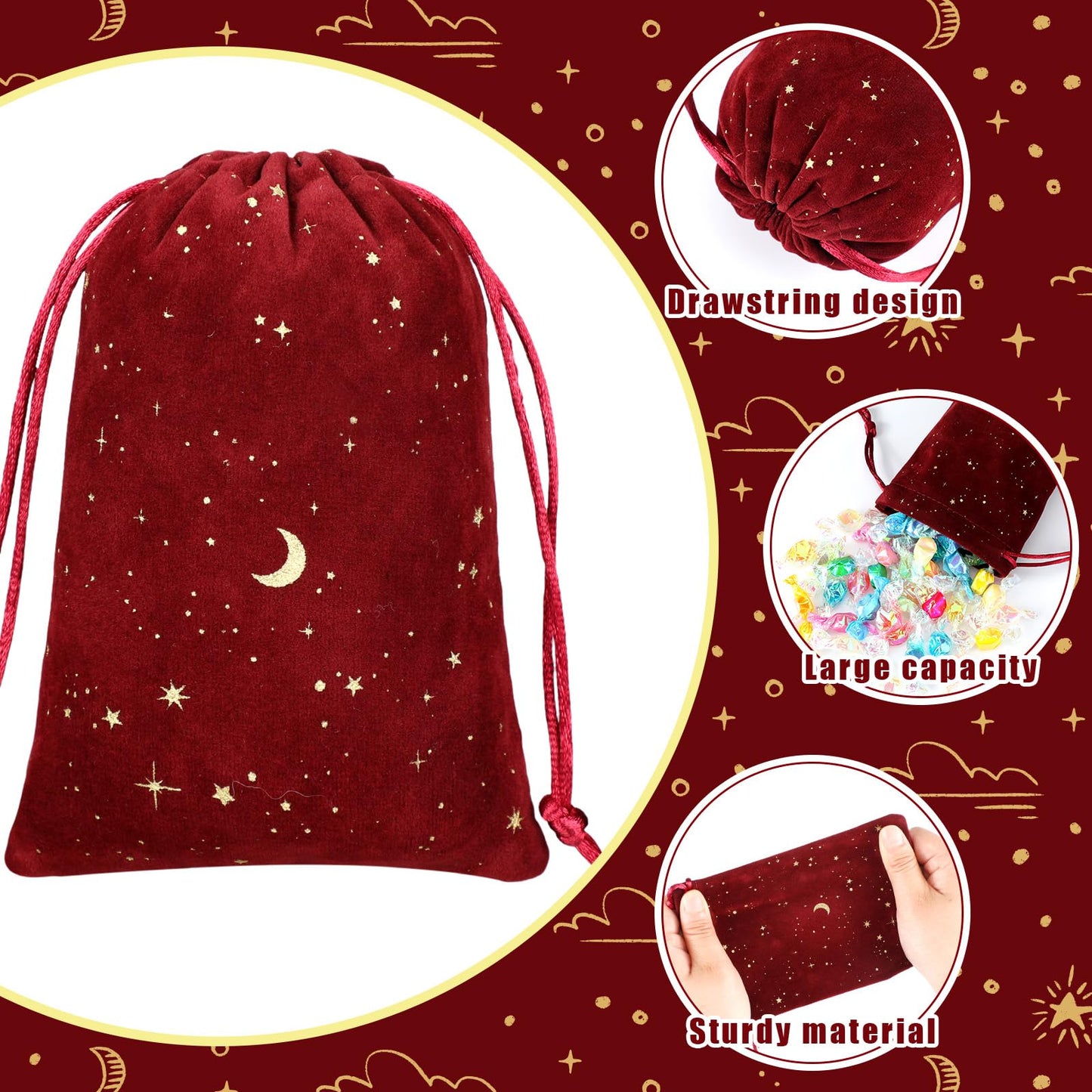 30 Pcs 4 x 6 Inch Colorful Velvet Drawstrings Bags for Jewelry Moon Star Pouch with Drawstrings Jewelry Bags for Gift Packaging Wedding Anniversary Christmas Eid Mubarak