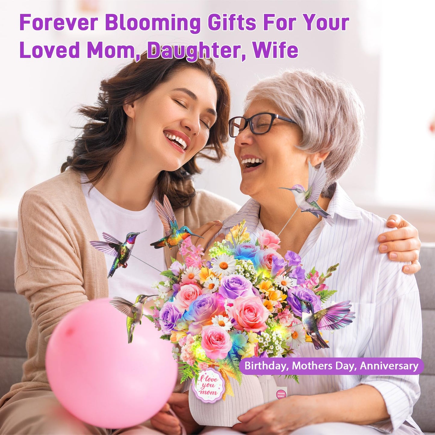 MZD8391 Mothers Day Card with Music & Lights, 3D Pop Up Mothers Day Gift, Hummingbird, 10 Inch Life Sized Forever Flower Bouquet Birthday Card For Mom, Women, Wife