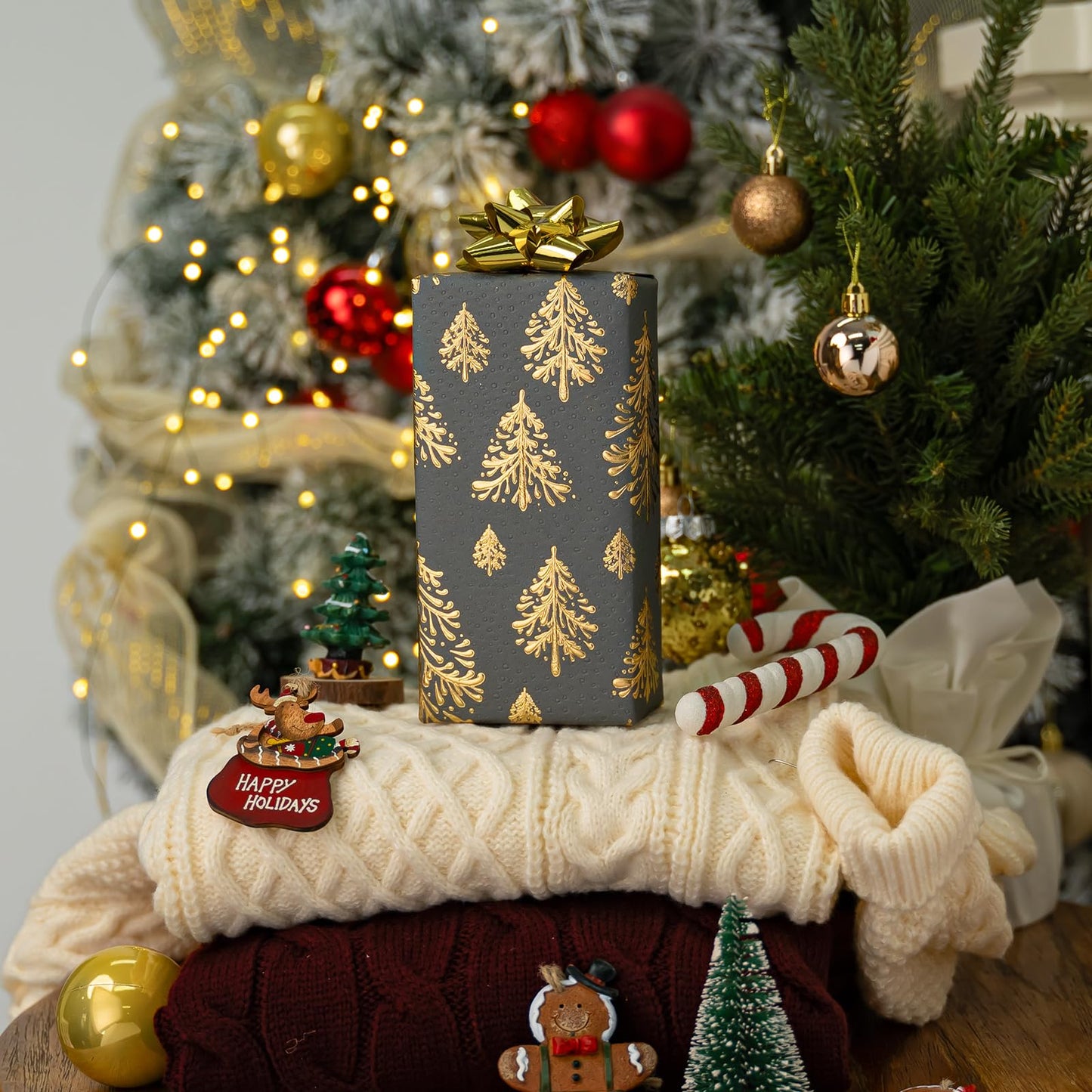 Dark Gray Kraft Christmas Wrapping Paper,Lusury Gold 3D Embossed Foil Christmas Trees Design with Woodlands Wrap Paper for Holiday, Party,Celebration, New Year(17 Inch X 32.8 Feet)