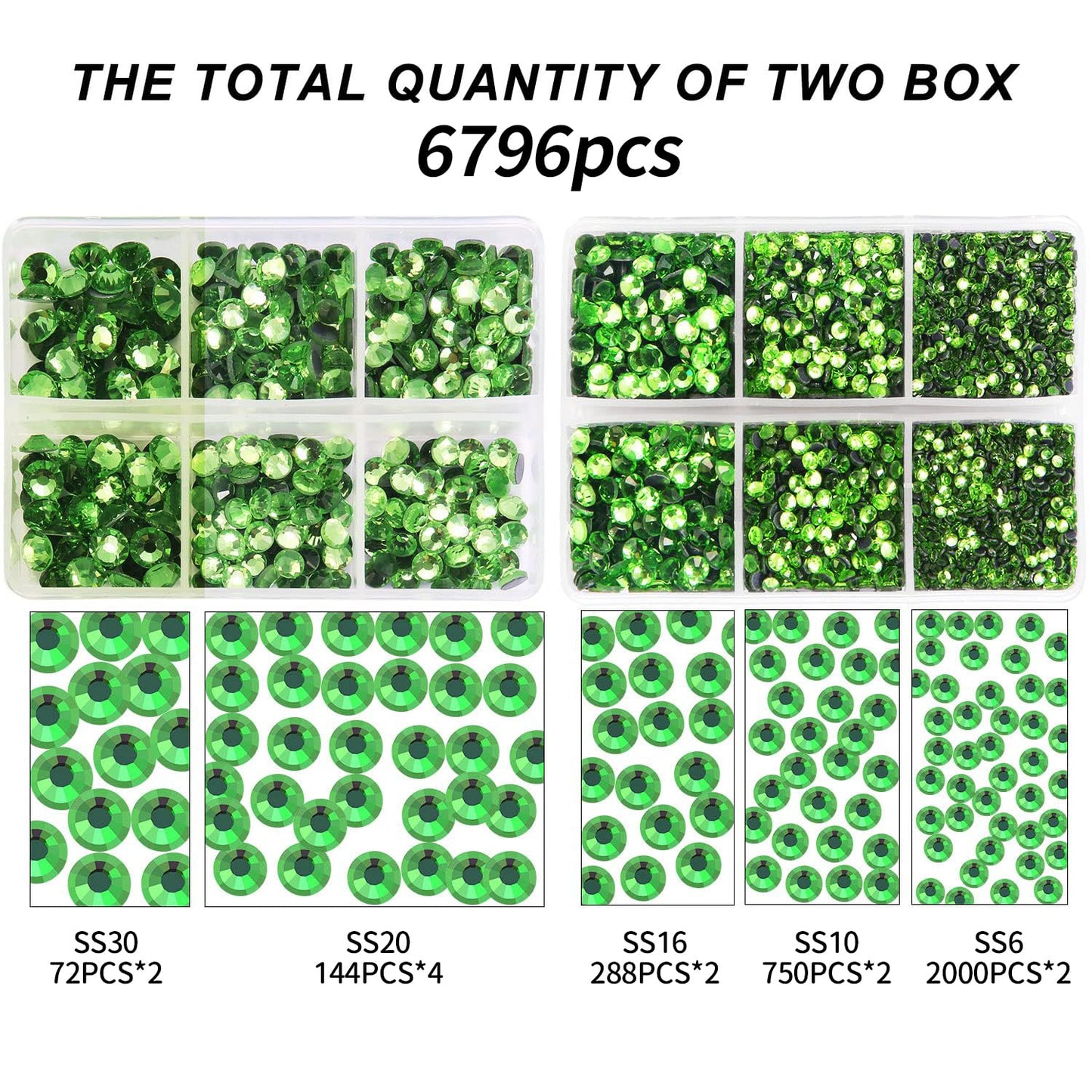 MEIBITE 6796PCS Light Green Hotfix Rhinestones Crystal Stones Glass for Fabric Clothes Shirts Sparkly Flat Back Round with Tweezers and Picking Pen (SS6~SS30 Set)