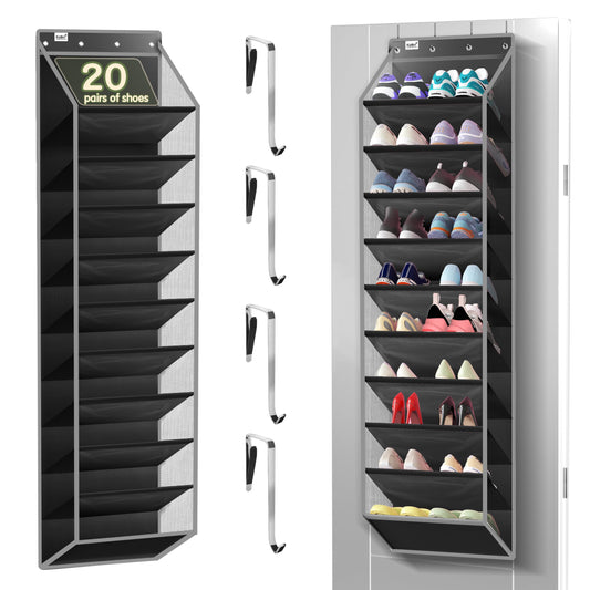10 Tier Over The Door Organizer - Heavy Duty Hanging Storage Rack with Sturdy Oxford Fabric, Holds 20+ Pairs of Footwear, Boots & Sneakers, Saves 50% Closet Space (Black)