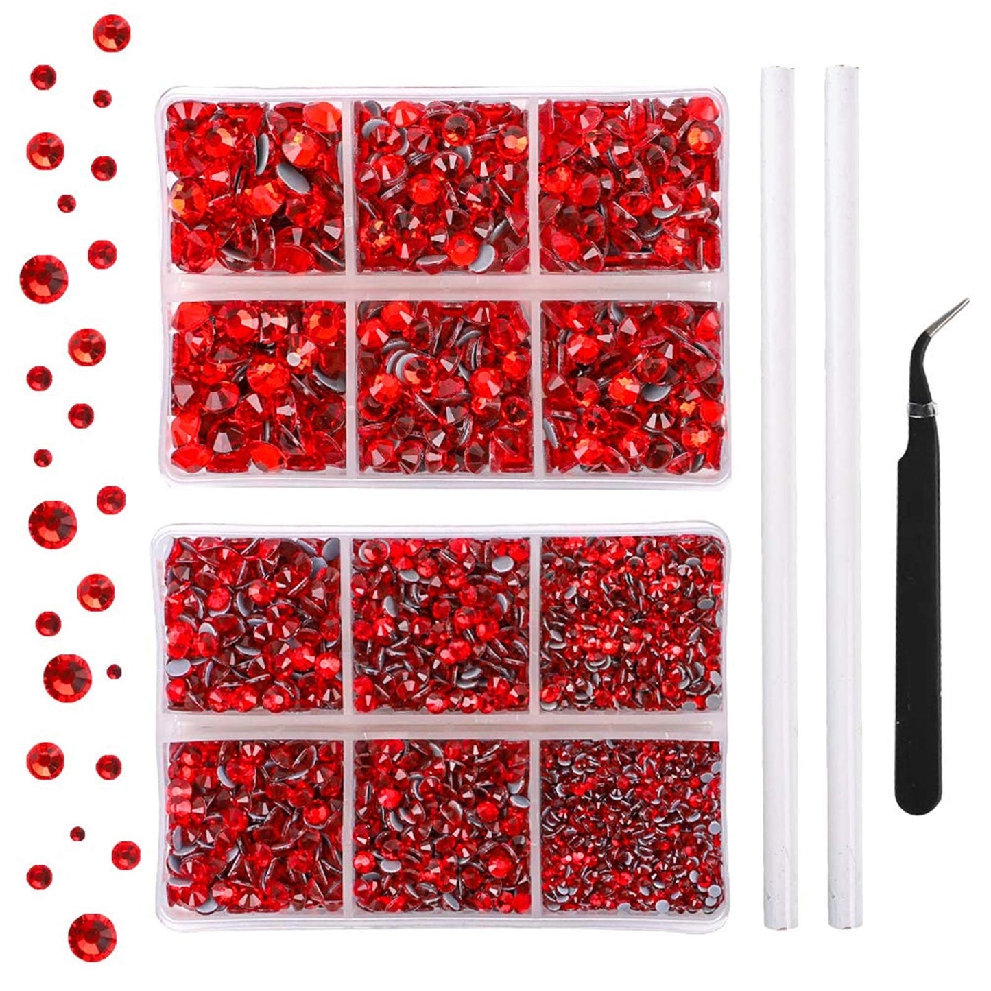 OUTUXED 5040pcs Red Flatback Rhinestones for Crafting, Crystal Round Gems for Nail Art DIY Crafts Clothes Bags, 6 Mixed Size Hotfix Rhinestones with Tweezers and Picking Rhinestones Pen