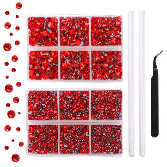 OUTUXED 5040pcs Red Flatback Rhinestones for Crafting, Crystal Round Gems for Nail Art DIY Crafts Clothes Bags, 6 Mixed Size Hotfix Rhinestones with Tweezers and Picking Rhinestones Pen