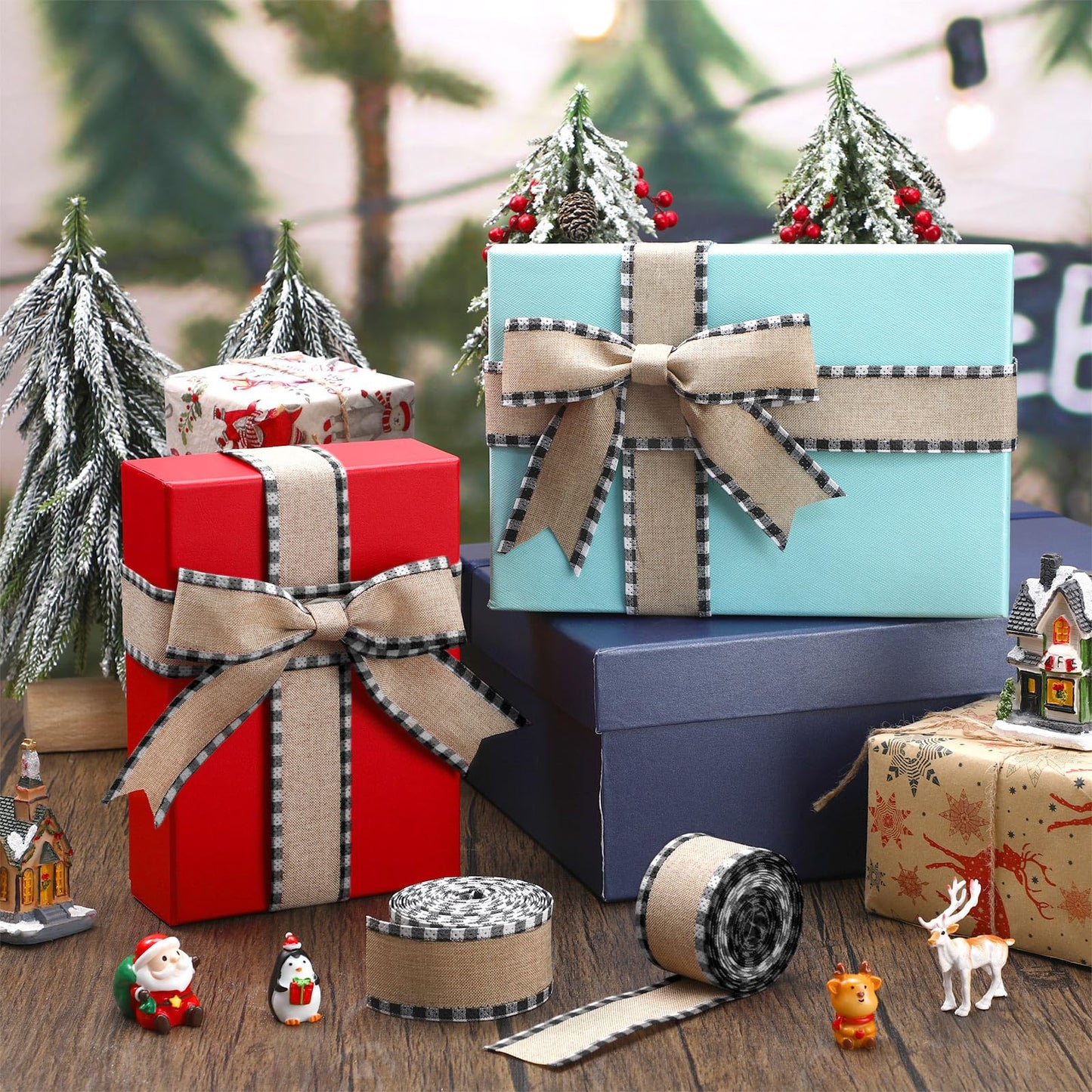 2 Rolls Christmas Buffalo Plaid Wired Edge Ribbons Christmas Tree Burlap Fabric Craft Wrapping Ribbon with Checkered Edge, 216 Inch(2.5 Inch Width,Black and White)