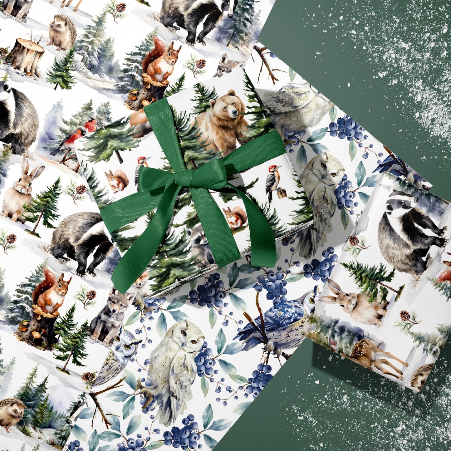 Kraft Christmas Wrapping Paper Roll - Mini Roll - 3 Rolls - 17 Inch x 120 Inch Per Roll - White Wild Animals Winterfall Watercolor Holiday Collection