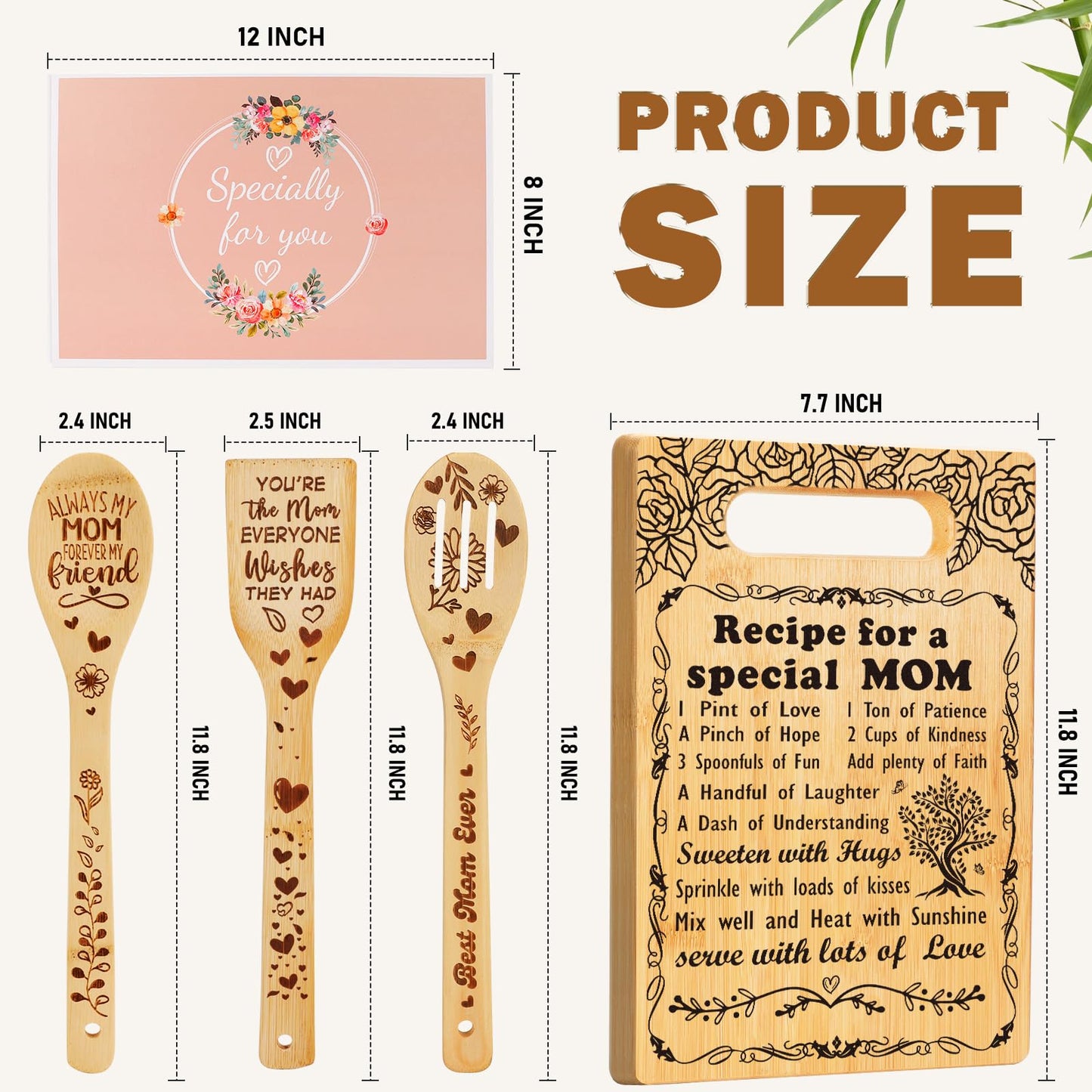 Mothers Day Gifts for Mom,Recipe for a Special Mom- Birthday Mom Gifts from Daughter Son Cutting Board Set, Engraved Utensil Best Mom Ever Gifts Ideas Mom Gifts for Mother New Mom Step Mom