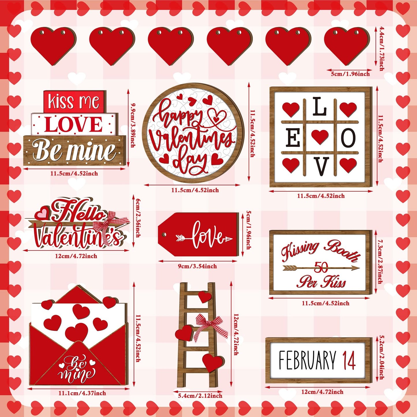 15 Pcs Valentine's Day Tiered Tray Decor Set Farmhouse Wood Valentine's Day Table Decorations Tabletop Rustic Wooden Red Love Heart Be Mine Kiss Me Table Signs for Wedding Party Gift