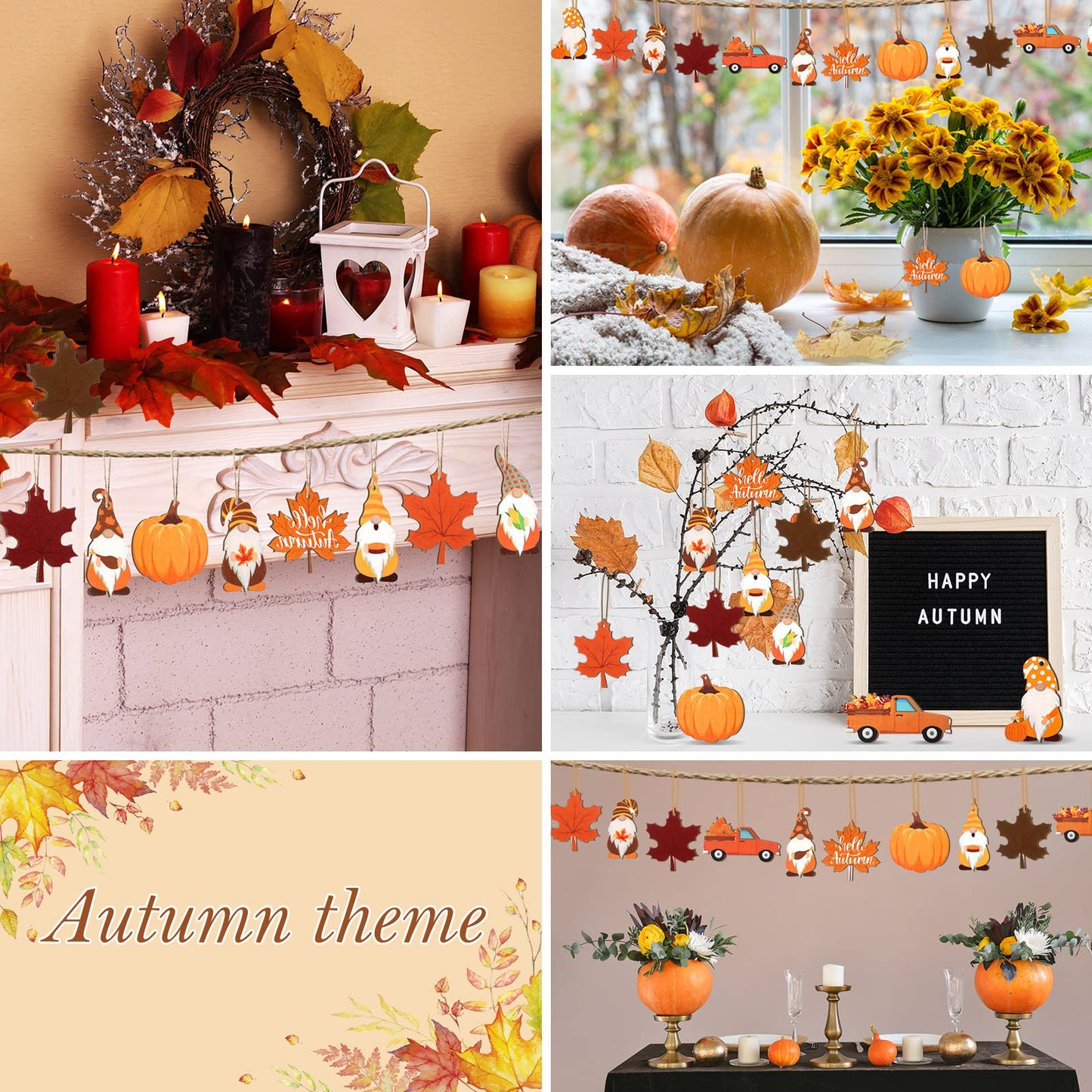 36 Pcs Thanksgiving Ornaments - Fall Tree Decorations with Autumn Pumpkin Gnome Leaf Cutouts, Hanging Ornaments, Wooden Craft Ornaments with Rope for Home (Autumn Style)