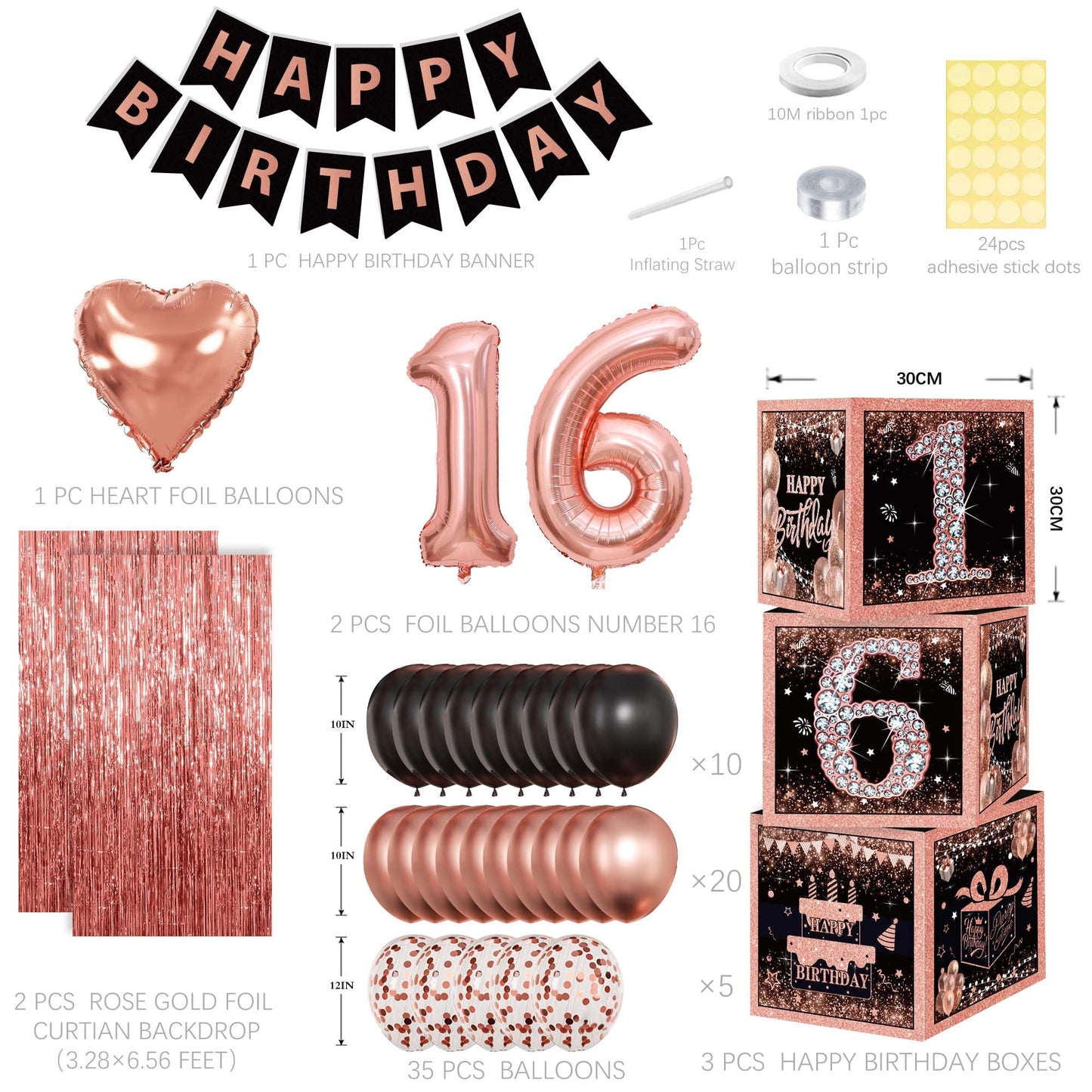 Rose Gold Sweet 16 Birthday Decorations for Girls - Sweet Sixteen Party Supplies Include 3pcs Balloon Boxes, Number 16 Foil Balloons, Fringe Curtains, Black Pink Garland Arch Kit - Photo Props