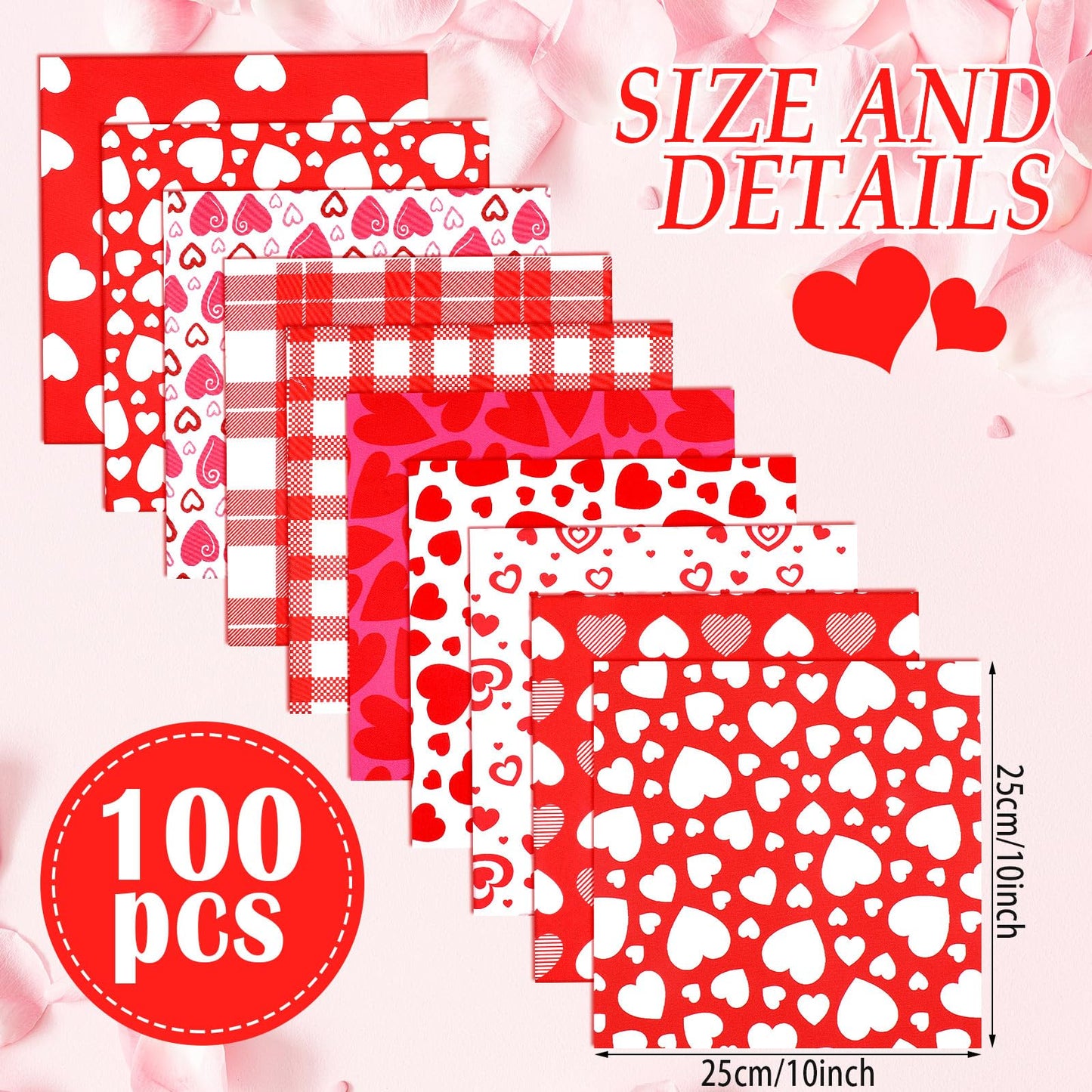 100 Pcs 10 x 10 Inch Valentine‘s Day Fabric Bundles Rose Red Pink Heart Love Printed Fat Quarters Quilting Patchwork Squares Sewing Fabrics for DIY Handmade Crafting Home Party Decor
