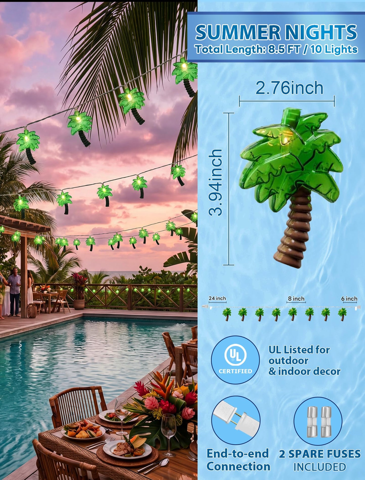 8.5Ft Palm Tree String Lights Outdoor, Waterproof Patio Palm Tree Lights String with 10 Mini Incandescent Lights, Summer Beach Theme String Lights for Indoor Bedroom Christmas Party Decor, White Wire