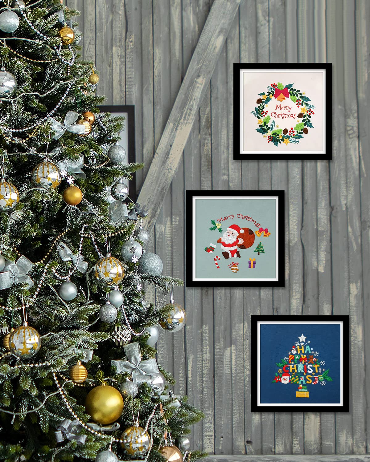 Christmas Embroidery Kit for Adult Beginners, 3 Sets Embroidery Stitch Practice kit Include Embroidery Cloth Hoops Threads for Craft Lover Hand Stitch
