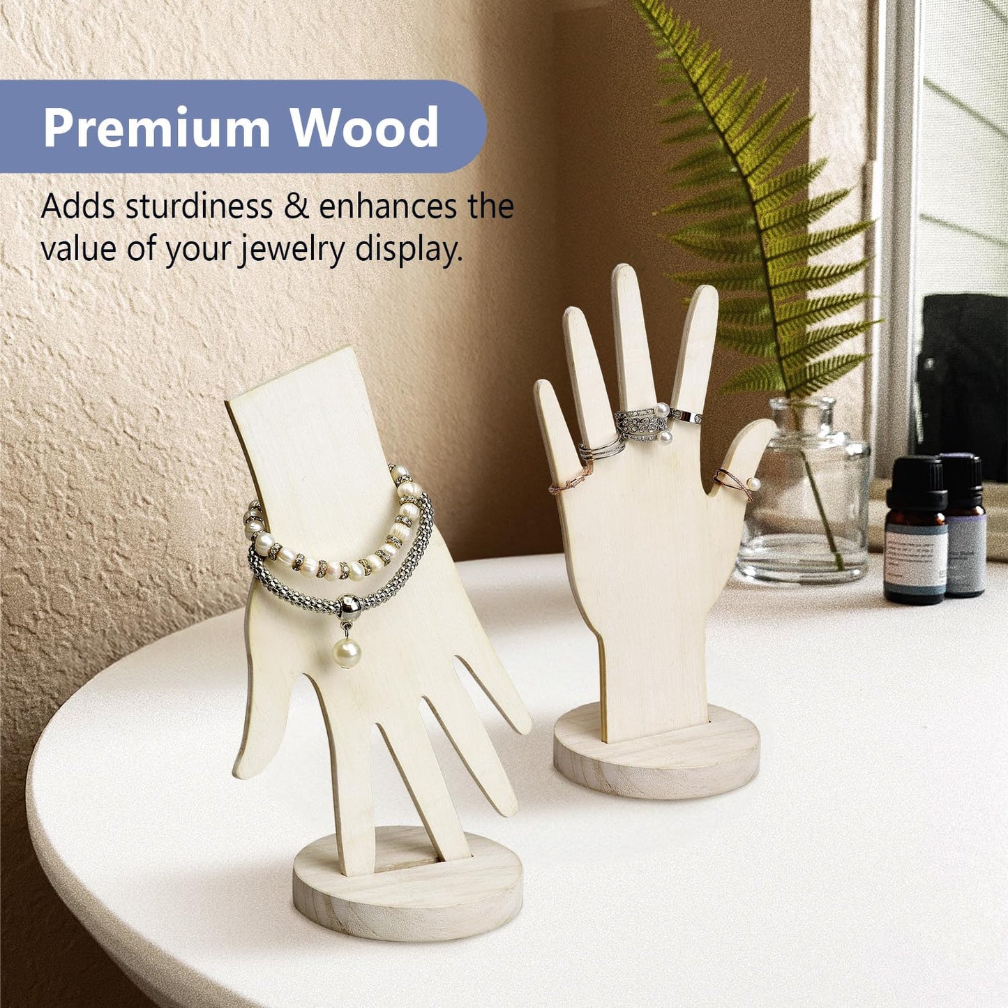 MOOCA 6 Pcs Real Wooden Hand Form Jewelry Display Set, 2 Way Design for Wall Hanging or Standalone Mannequin Finger Hand Display, Premium Real Wood Sturdy Base, Wash White Color