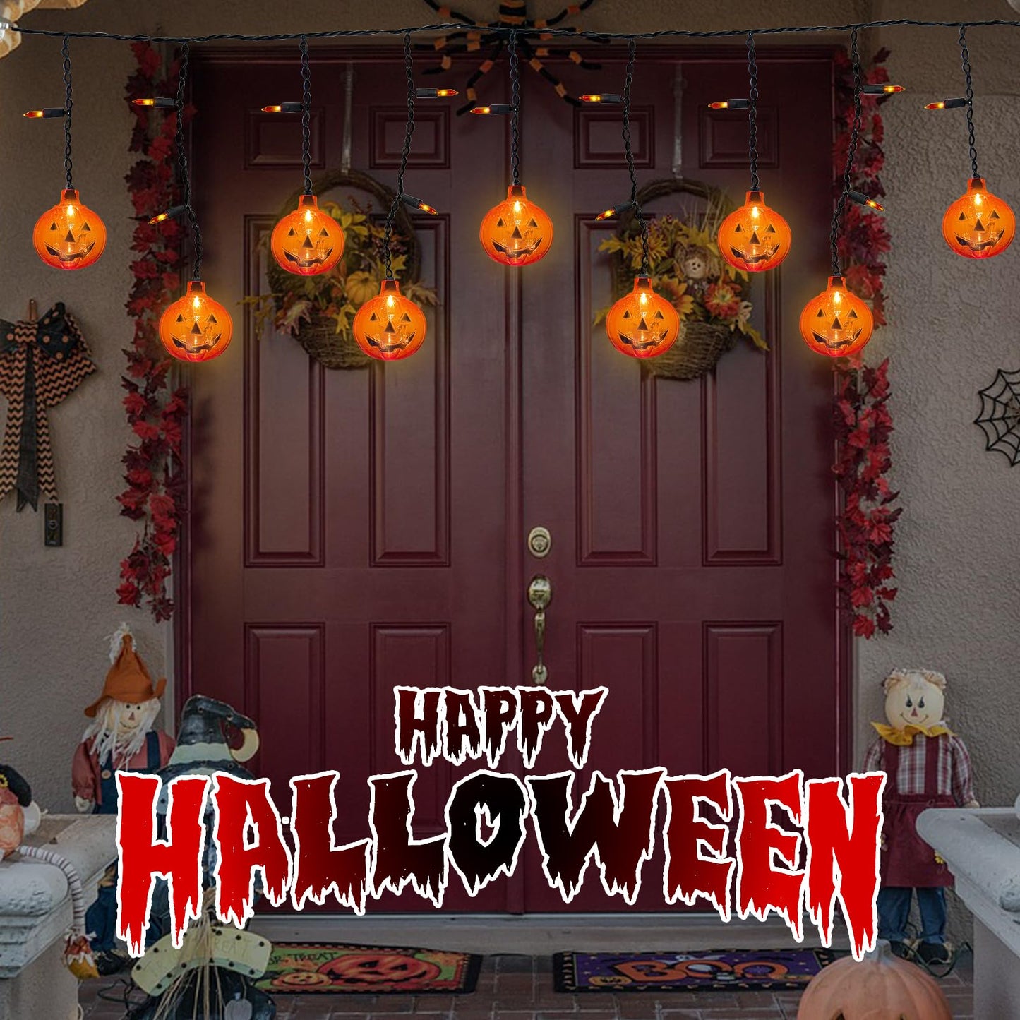 Romasaty Halloween 7FT Pumpkin Curtain Lights with 10 Waterproof Pumpkin String Lights, 25 LED Halloween Themed Lights for Windows, Porches, Stairs, Bars, Outdoor, Indoor Party Decorations