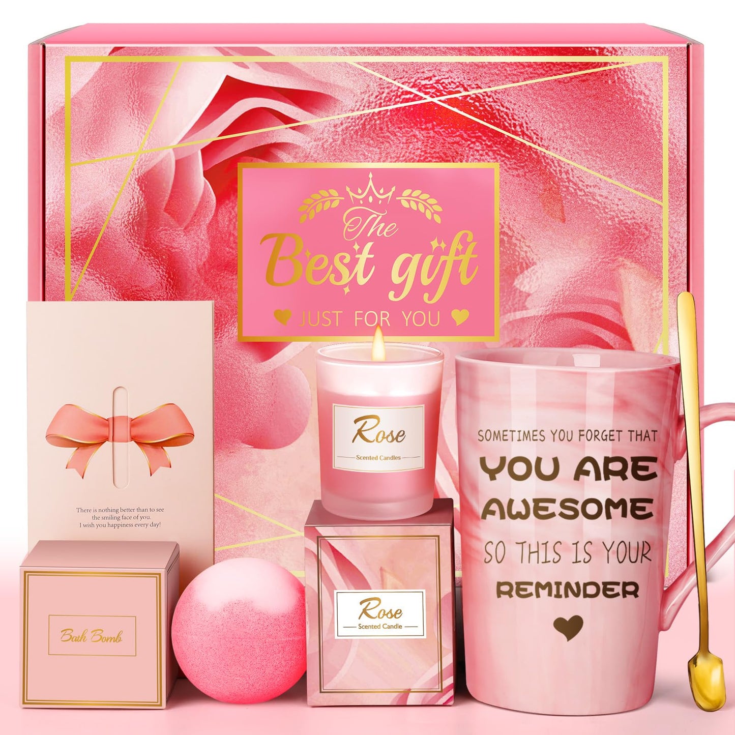 Birthday Gifts for Women, Mom, Sister, Friend: Unique Pink Self Care Spa Relaxation Baskets Set, Christmas, Holiday, Valentines Day Presents for Her, Girlfriend, Grandma, Wife, Bestie, Coworkers