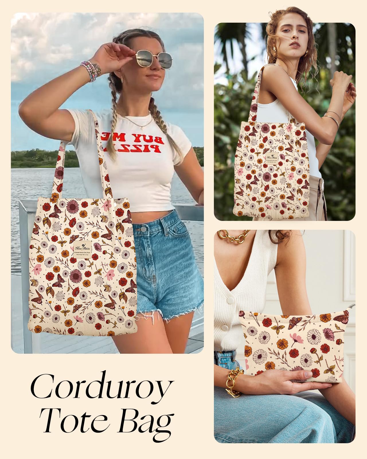 Miss Adola Aesthetic 2 Pack Corduroy Tote Bag - with Corduroy Makeup Pouch Bag for Women Butterfly Flower Reusable Grocery Bag with Buckle Shoulder Bag for Gym, Travel, Work