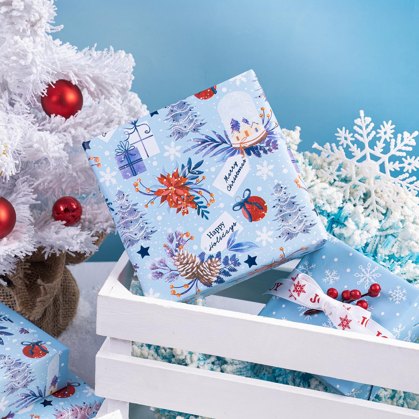 Reversible Christmas Wrapping Paper - Mini Roll - 17 Inch x 33 Feet - Red & Blue Snow Globe, Poinsettias and Snowflake Wrapping Paper for Xmas Holiday, Party Celebration