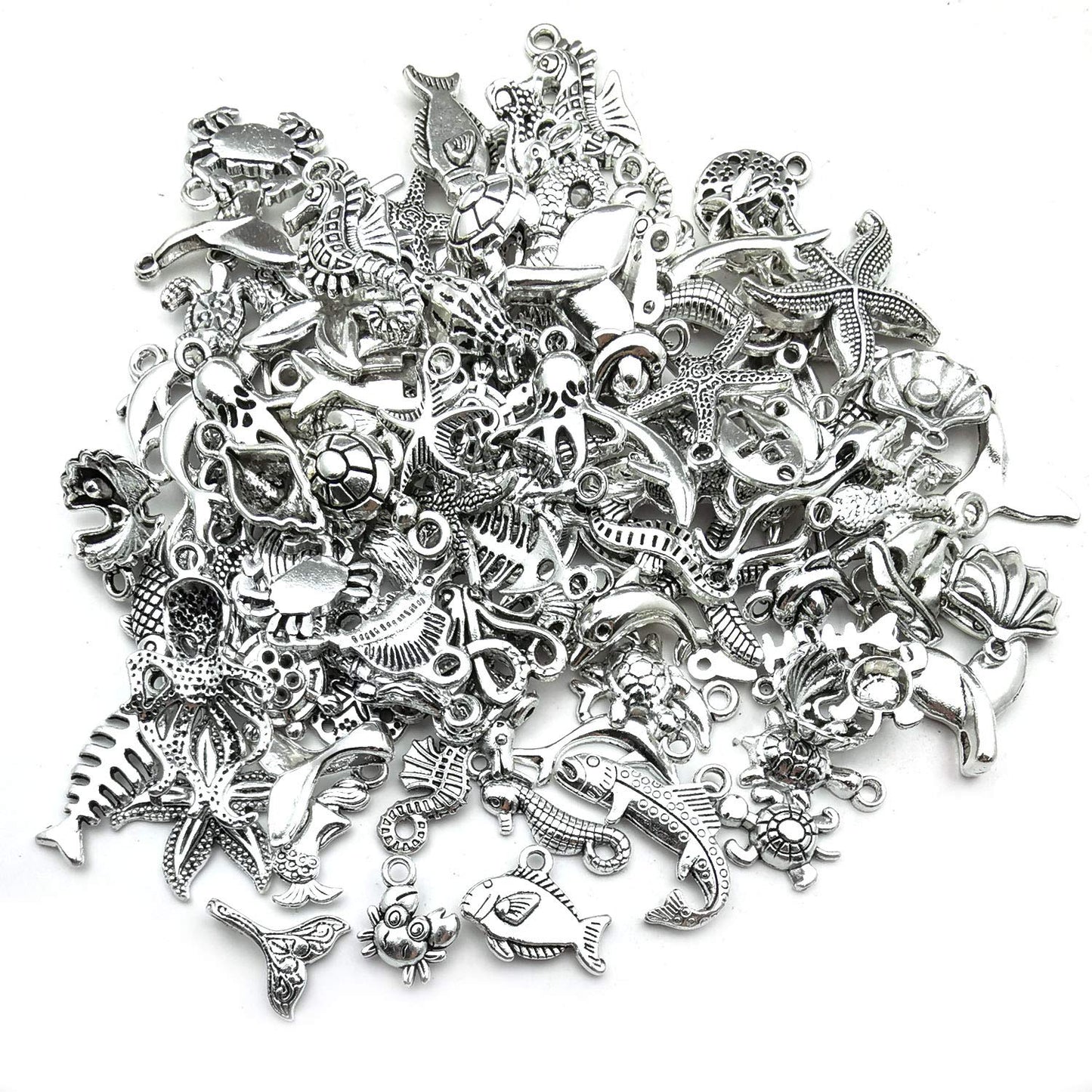 120g(100pcs) Antique Silver Sea Animals Marine Life Charms Pendants for Crafting, Jewelry Findings Making Accessory for DIY Necklace Bracelet (M292)