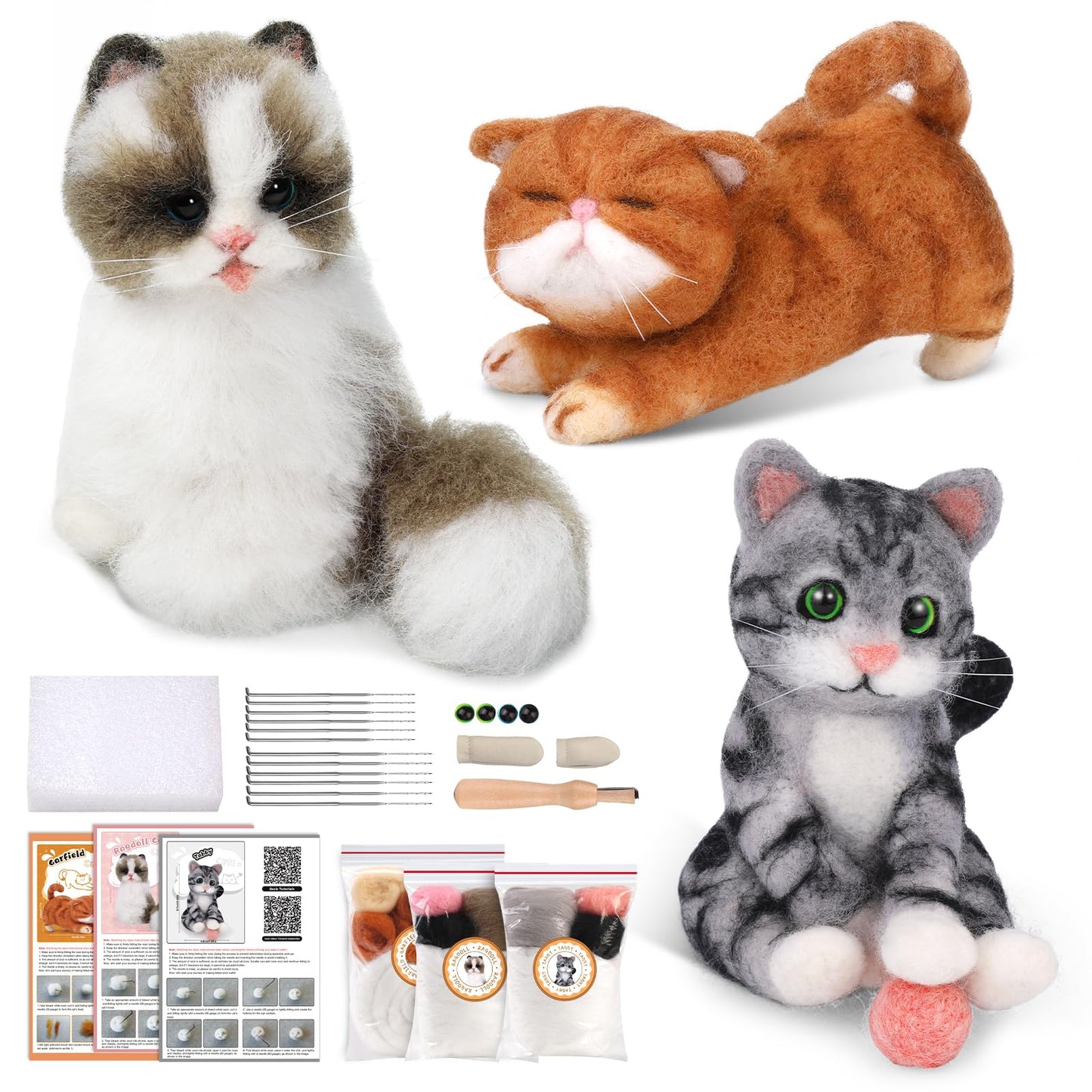 Needle Felting Kit, 3 PCS Cat Animal Needle Felting Beginner Kits Wool Felt Needle Felting Tools with Instruction for DIY Craft Animal Home Decoration
