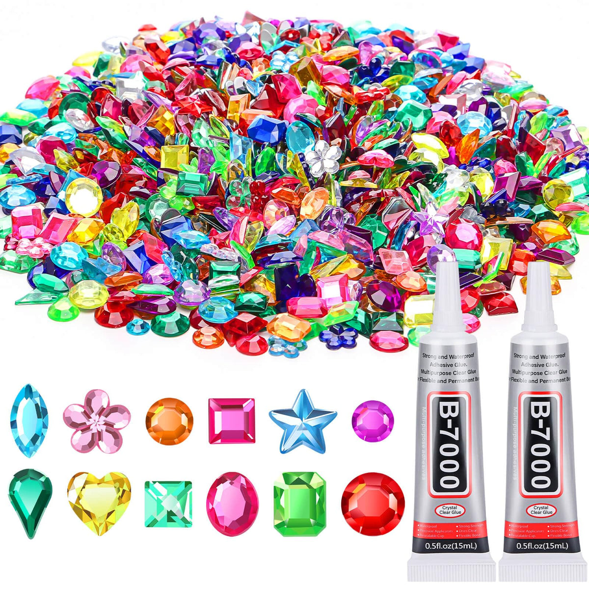 anezus Anezus1200Pcs Craft Gems with 2Pcs B7000 Jewelry Glue, Flat Back Sequins Jewels Embellishments Rhinestones Gemstones for Bedazzling, Decor, Clothing