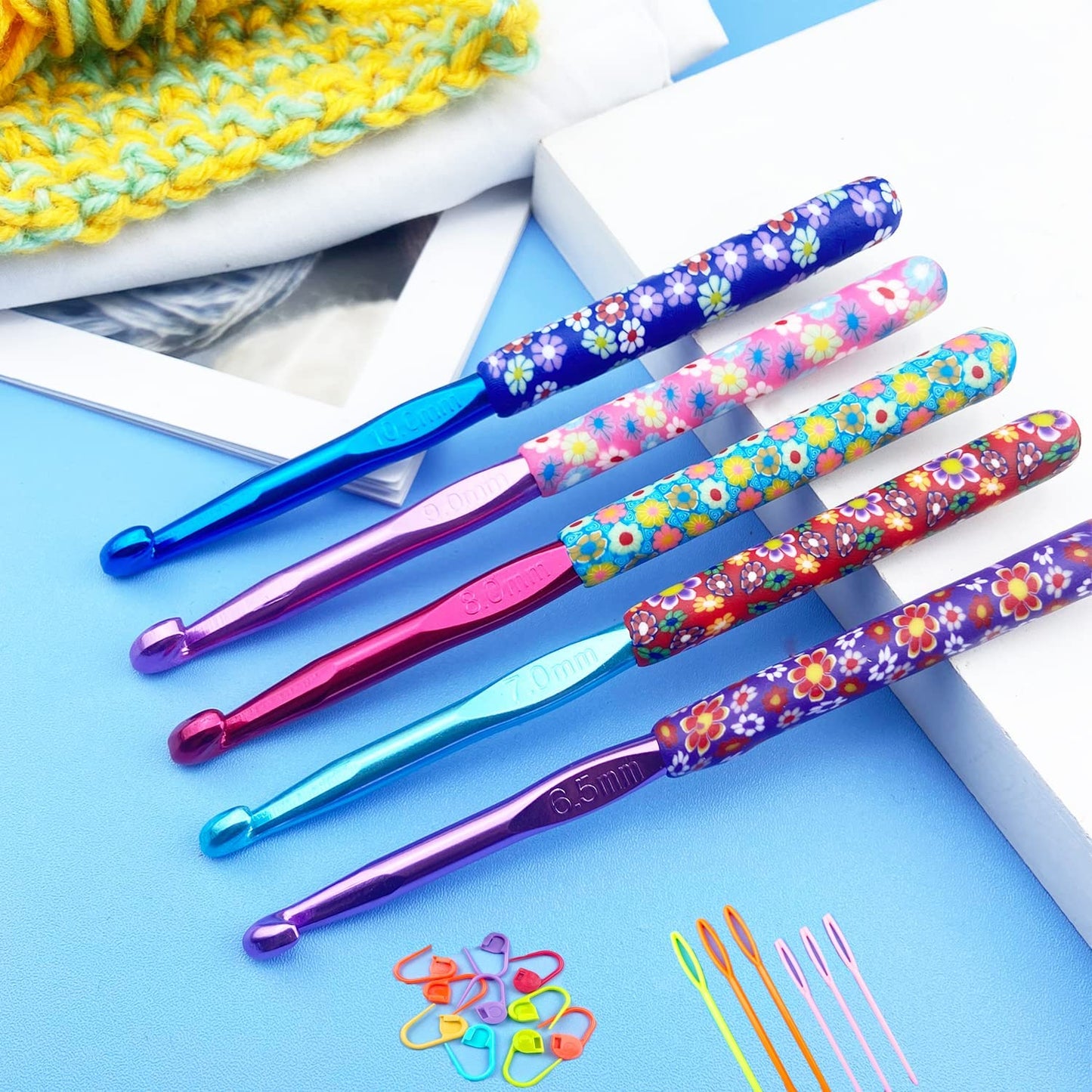 Large 5 Size Aluminum Crochet Hook Set 6.5m(K)/7mm/8mm(L)/9mm(M)/10mm(N) Knitting Needles Craft Weave Yarn Set Polymer Clay Crochet Needles for Crocheting - Premium Knitting Crochet Supplies