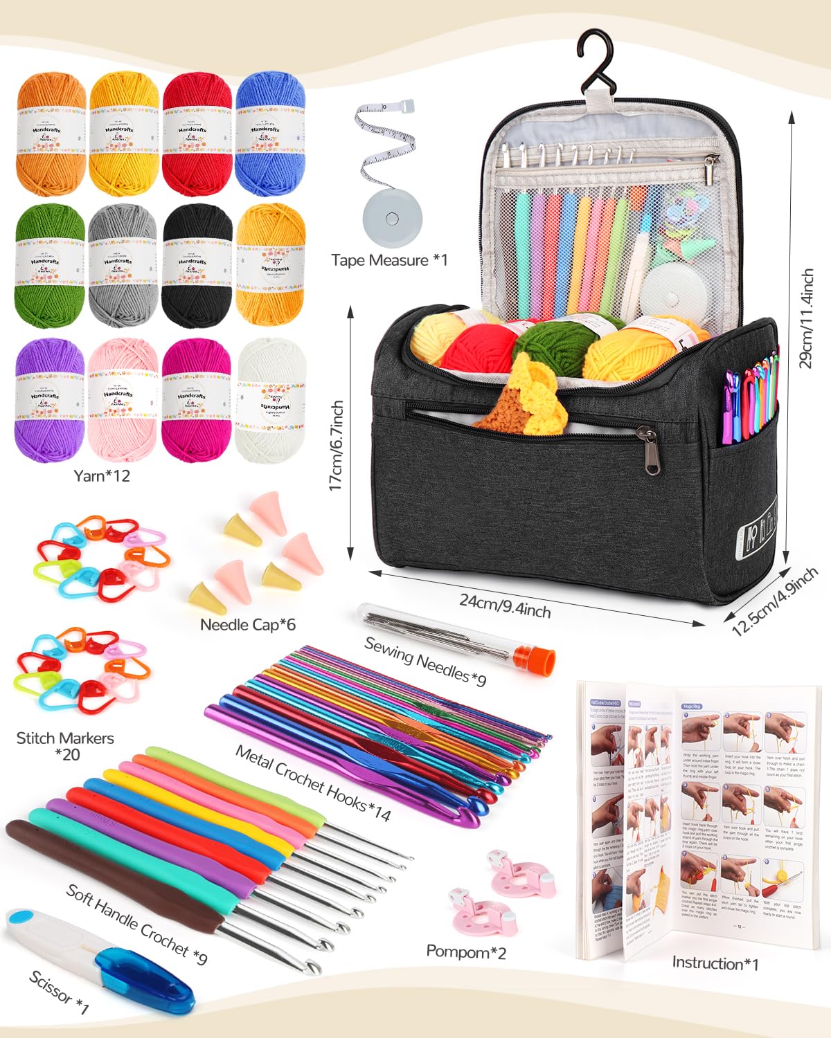 Aeelike Crochet Kit for Beginners Young and Old, First Crochet Kit for Adults Include 23pcs Crochet Hooks, 655 Yards Yarn Set for Crocheting, Instruction, Bag, Crochet Accessories and Supplies, Black