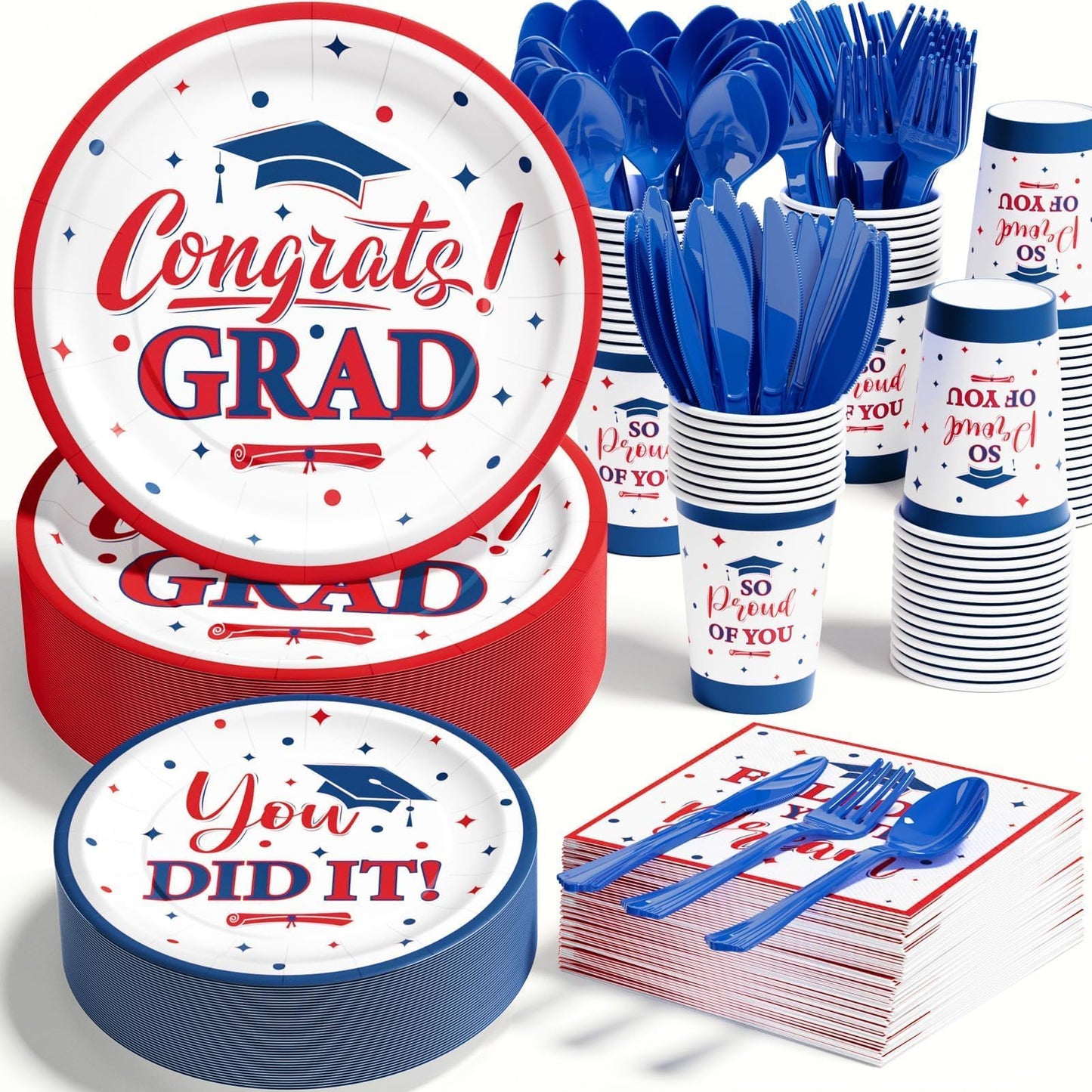 Ecomore Graduation Decorations Class of 2026, 350 PCS Graduation Party Supplies College High School Grad Decor Disposable Dinnerware (Serve 50) Paper Plates Cup Napkin Fork Knife Spoon (Red & Blue)