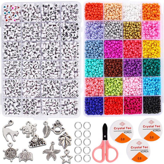 Goody King Jewelry Making Kit Beads for Bracelets - 5000+pcs Bead Craft Kit Set, Glass Pony Seed Letter Alphabet DIY Art and Craft - Gift for Her Women Kid Age 6 7 8 9 (4mm)