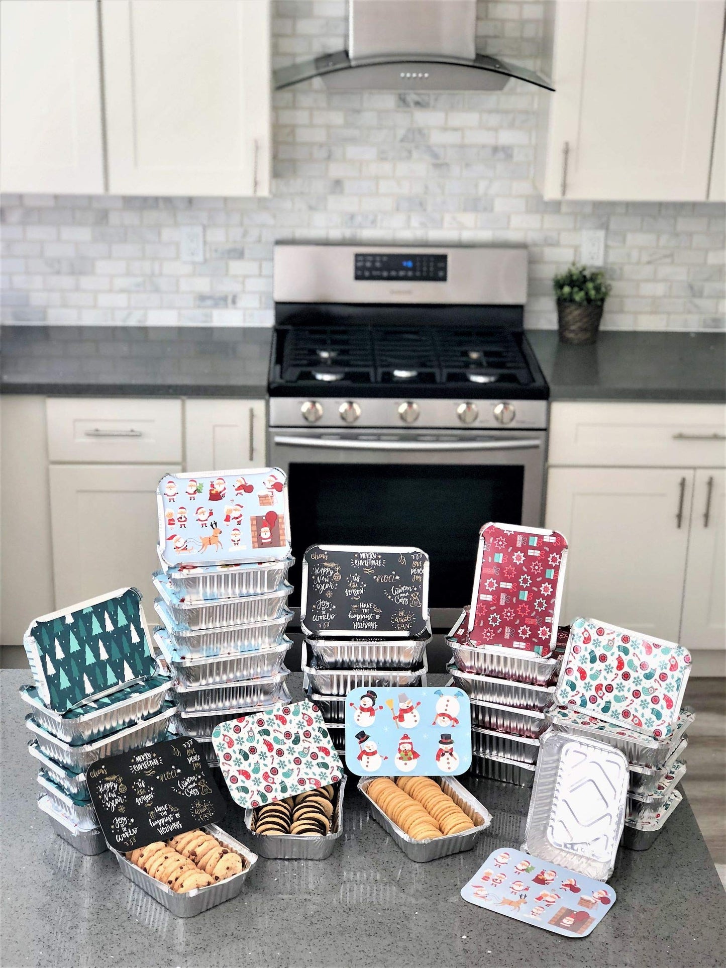 Set of 36 Christmas Treat Foil Containers - 6 Holiday Designs, Snowman & Santa Festive Cover Print - 7"L x 5"W x 1.5"D - Disposable Food Storage Pan for Party Leftovers or Cookie Exchange