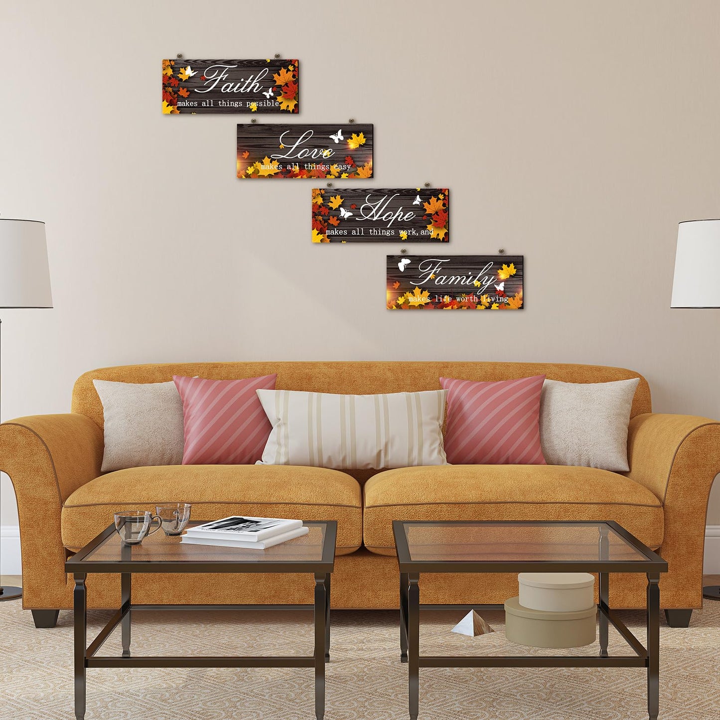 4 Pieces Fall Door Decoration Maple Door Plaque Faith Hope Family Wood Sign Maple Leaf Hanging Sign Rustic Farmhouse Hanging Decor for Home Living Room Supplies, 10 x 4 Inch (Pretty Style)